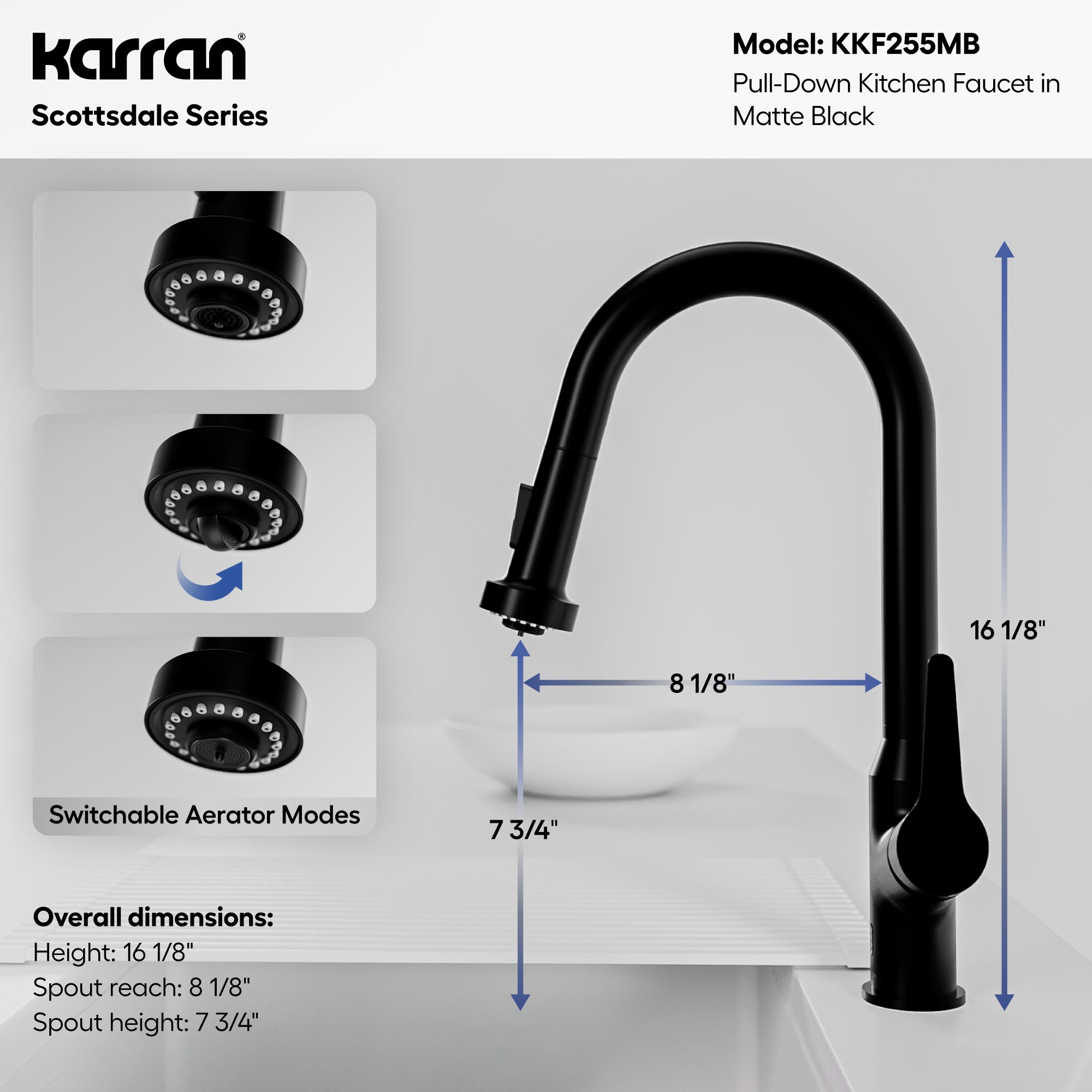 Karran scottsdale touchless pull-down kitchen faucet matte black informational image