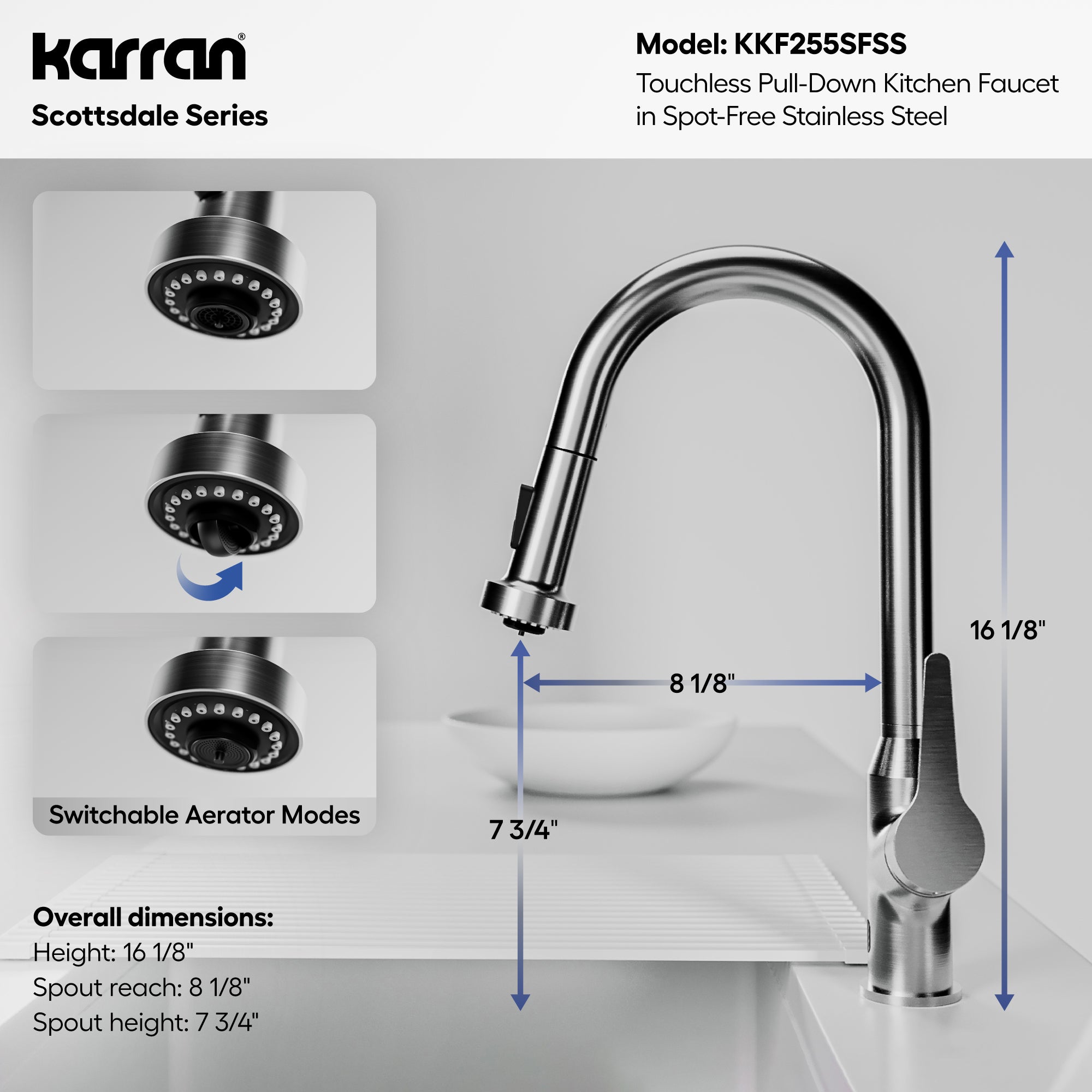 Karran scottsdale touchless pull-down kitchen faucet spot free stainless steel informational image