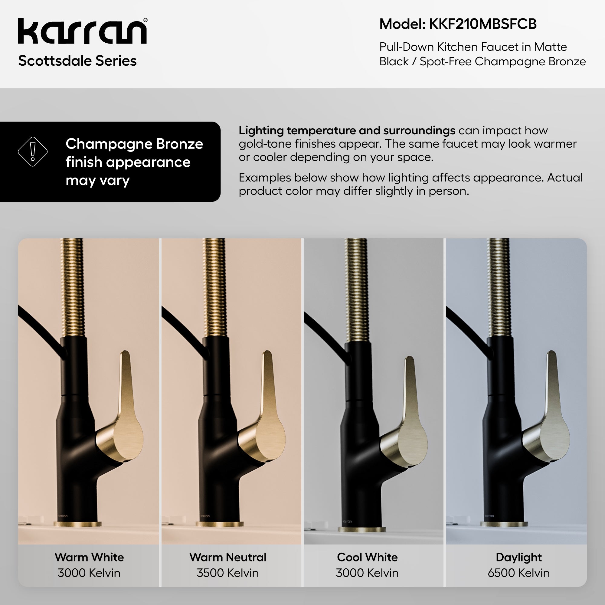Karran Scottsdale 1.8 GPM Single Lever Handle Lead-free Brass ADA Kitchen Faucet, Pull-Down, Matte Black & Spot-Free Champagne Bronze, KKF210MBSFCB