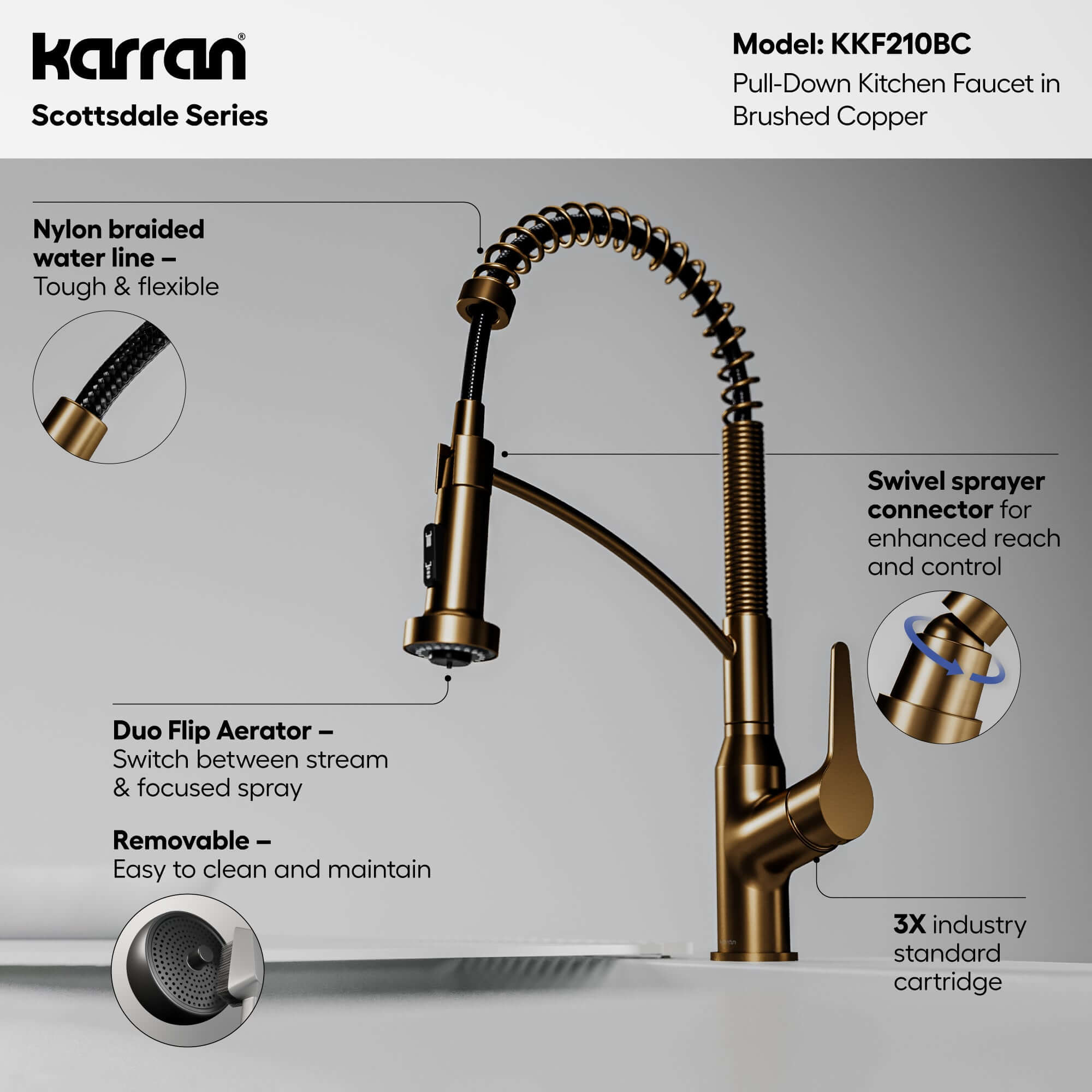 Alternative View of Karran Scottsdale 1.8 GPM Single Lever Handle Lead-free Brass ADA Kitchen Faucet, Pull-Down, Brushed Copper, KKF210BC