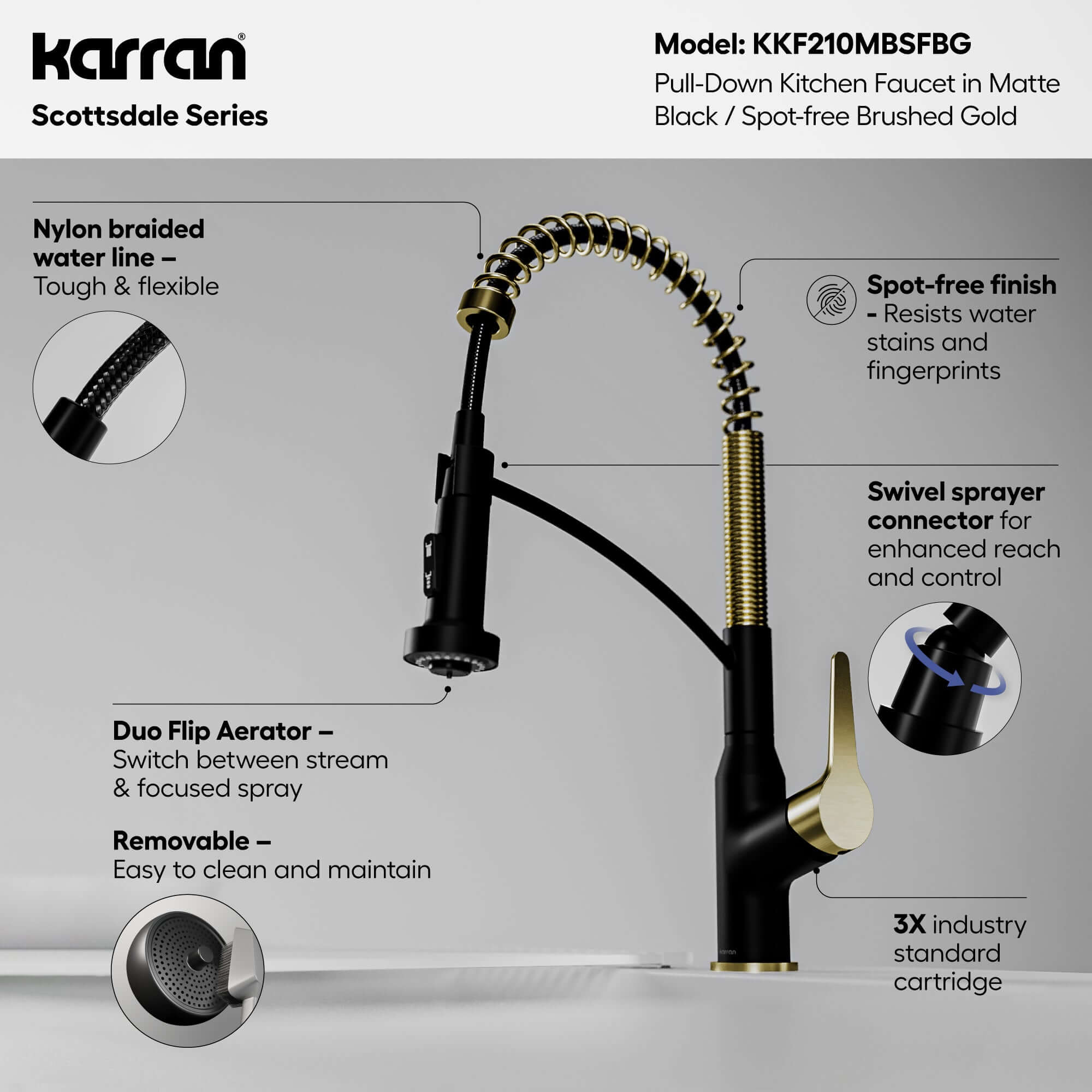 Alternative View of Karran Scottsdale 1.8 GPM Single Lever Handle Lead-free Brass ADA Kitchen Faucet, Pull-Down, Matte Black & Spot-Free Brushed Gold, KKF210MBSFBG
