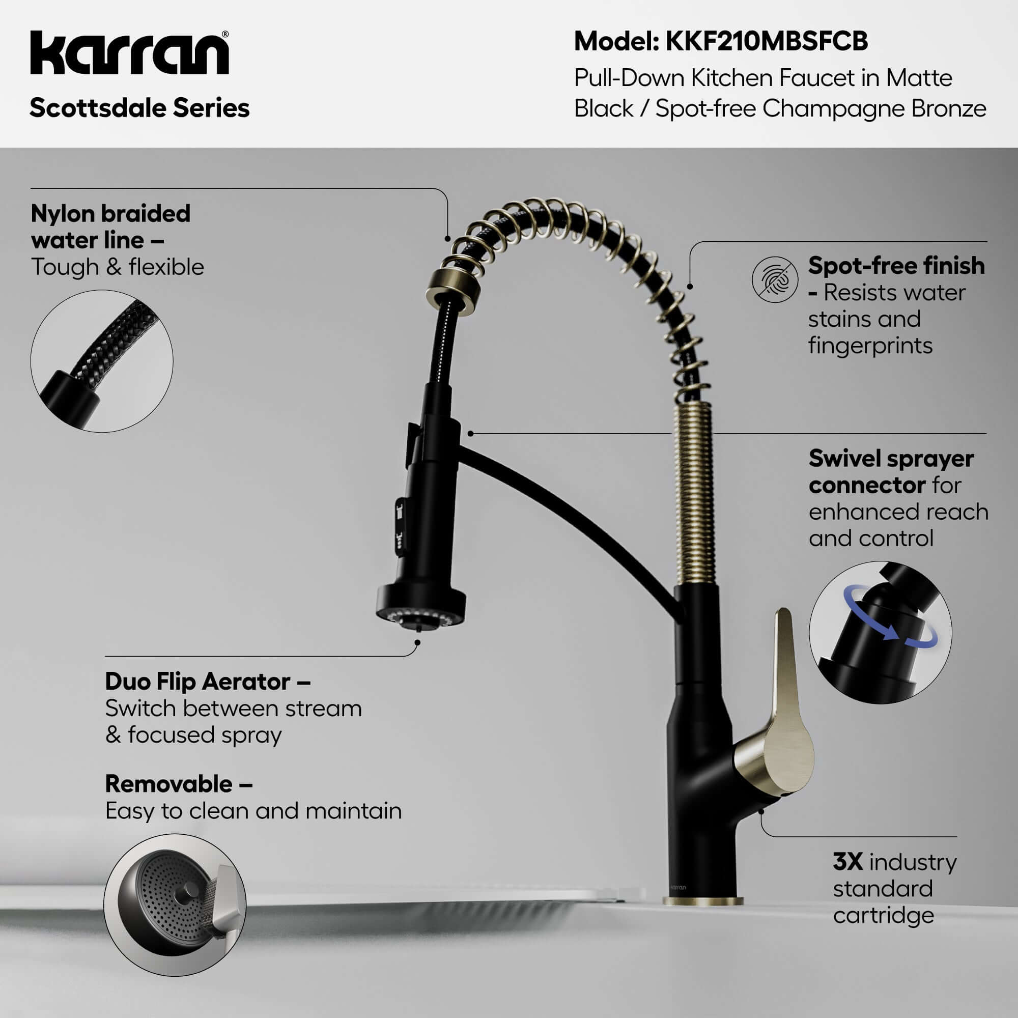 Alternative View of Karran Scottsdale 1.8 GPM Single Lever Handle Lead-free Brass ADA Kitchen Faucet, Pull-Down, Matte Black & Spot-Free Champagne Bronze, KKF210MBSFCB