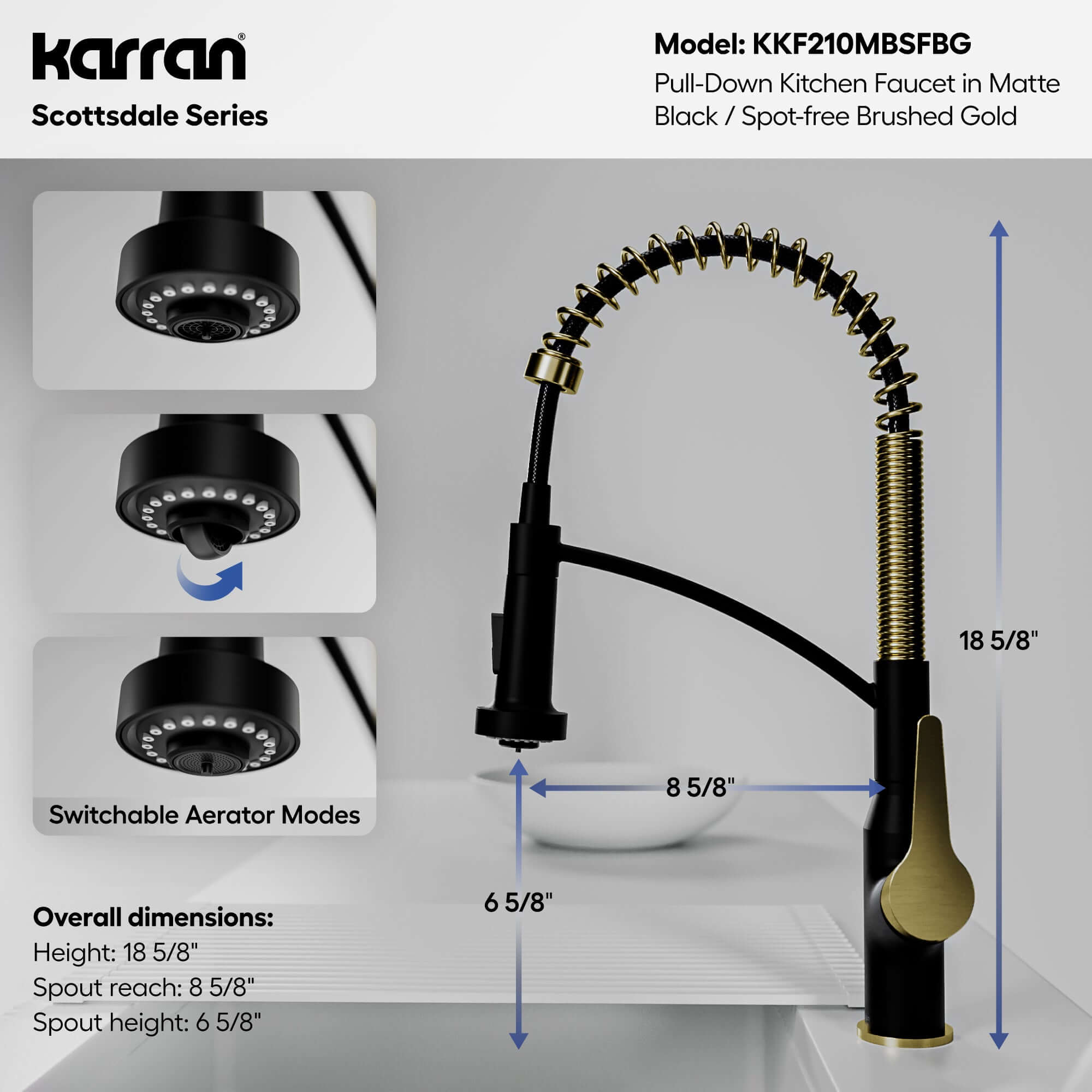Alternative View of Karran Scottsdale 1.8 GPM Single Lever Handle Lead-free Brass ADA Kitchen Faucet, Pull-Down, Matte Black & Spot-Free Brushed Gold, KKF210MBSFBG
