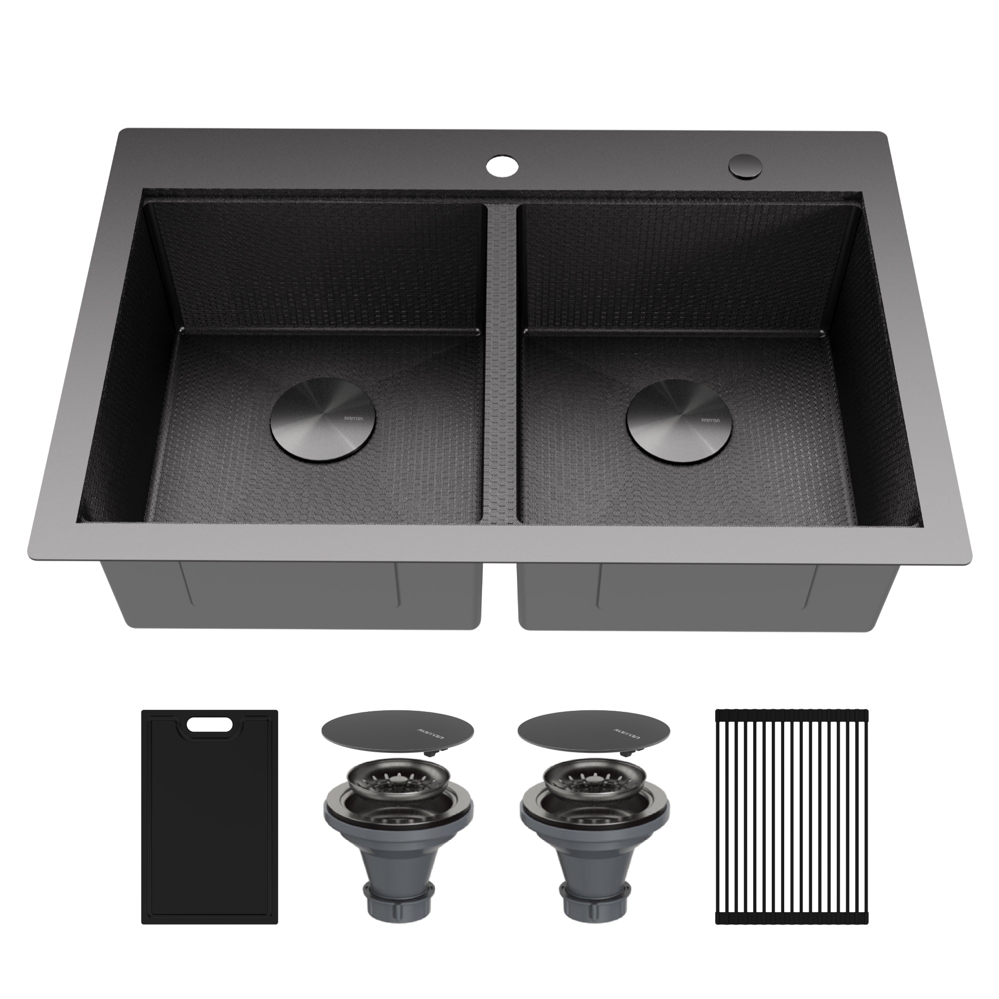 Karran Matrix 33" Drop In/Topmount Stainless Steel Workstation Kitchen Sink with Accessories, 50/50 Double Bowl, Gunmetal Grey, 16 Gauge, HST3322DBGG