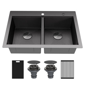 Alternate Image for Karran Matrix 33" Drop In/Topmount Stainless Steel Workstation Kitchen Sink with Accessories, 50/50 Double Bowl, Gunmetal Grey, 16 Gauge, HST3322DBGG