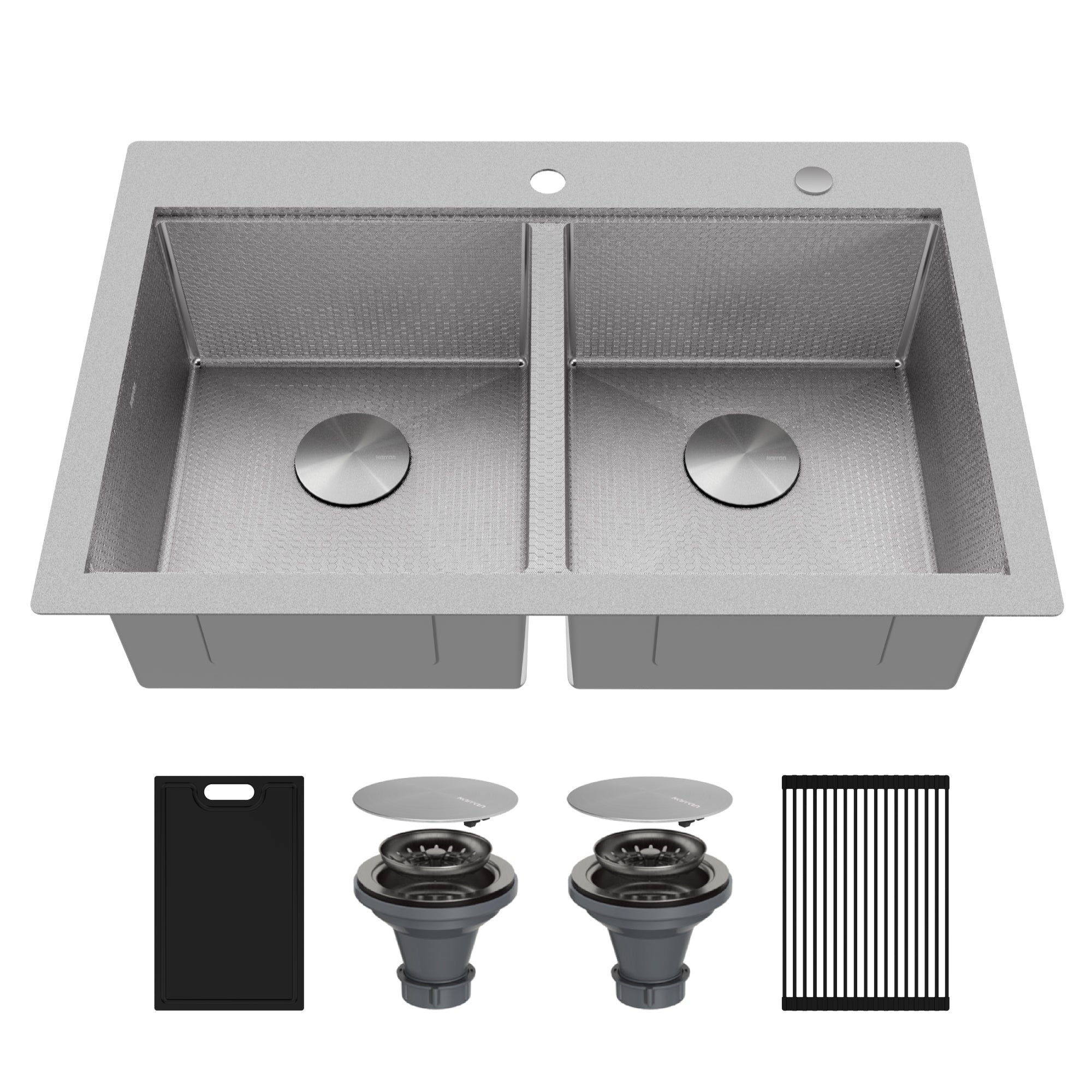 Karran Matrix 33" Drop In/Topmount Stainless Steel Workstation Kitchen Sink with Accessories, 50/50 Double Bowl, 16 Gauge, HST3322DBSS