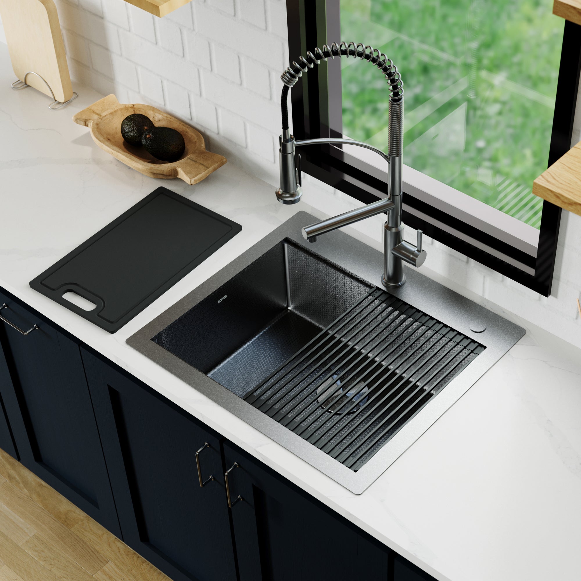 Karran Matrix 25" Drop In/Topmount Stainless Steel Workstation Kitchen Sink with Accessories, Gunmetal Grey, 16 Gauge, HST2522SBGG