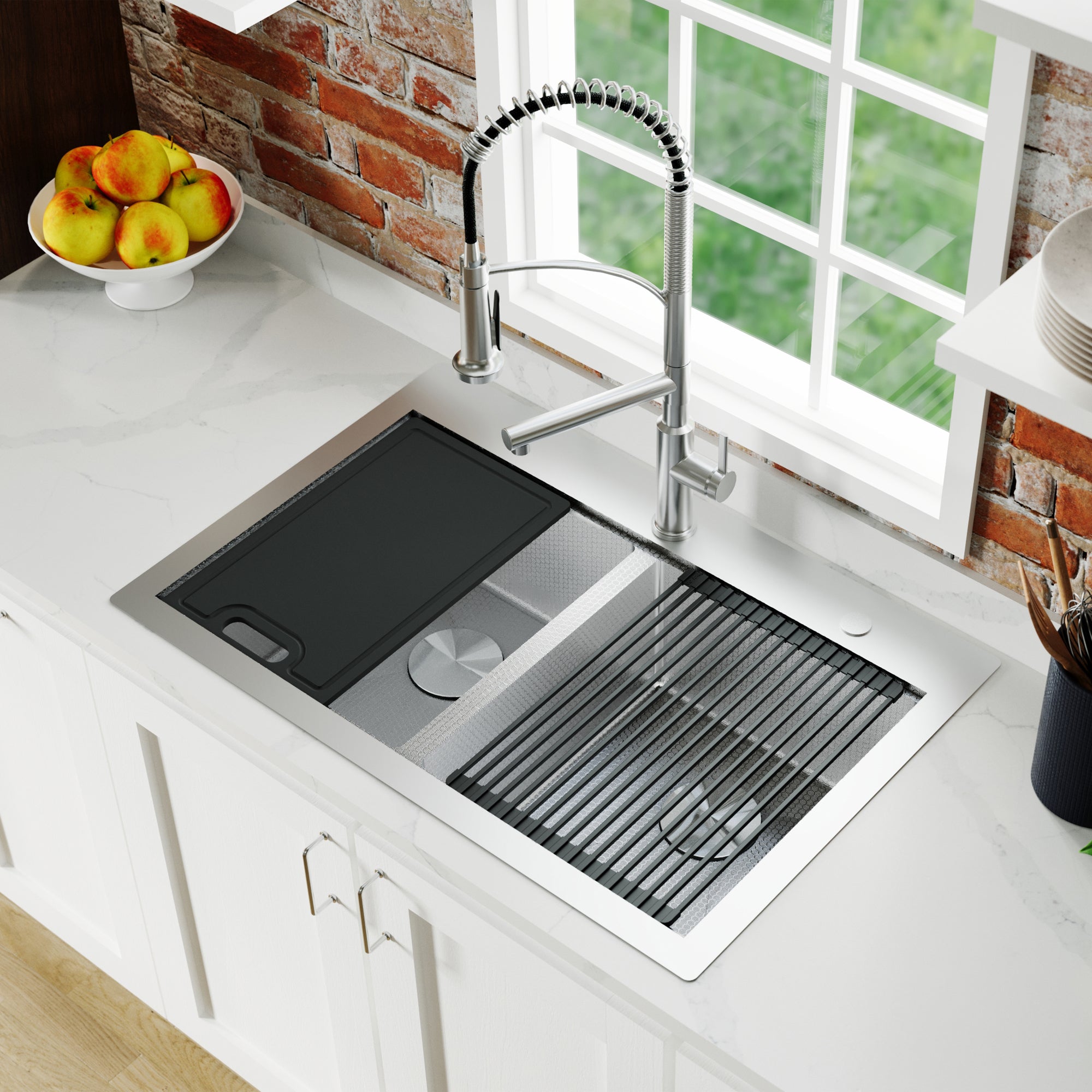 Karran Matrix 33" Drop In/Topmount Stainless Steel Workstation Kitchen Sink with Accessories, 50/50 Double Bowl, 16 Gauge, HST3322DBSS