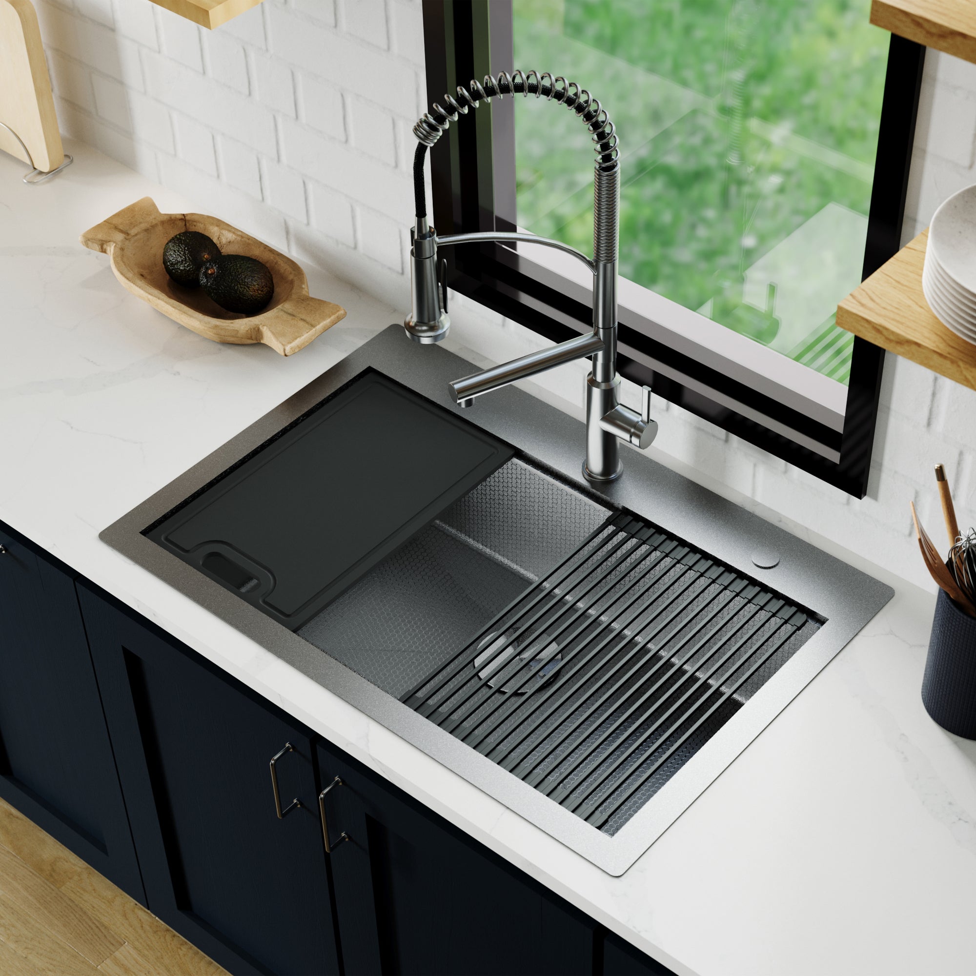 Karran Matrix 33" Drop In/Topmount Stainless Steel Workstation Kitchen Sink with Accessories, Gunmetal Grey, 16 Gauge, HST3322SBGG