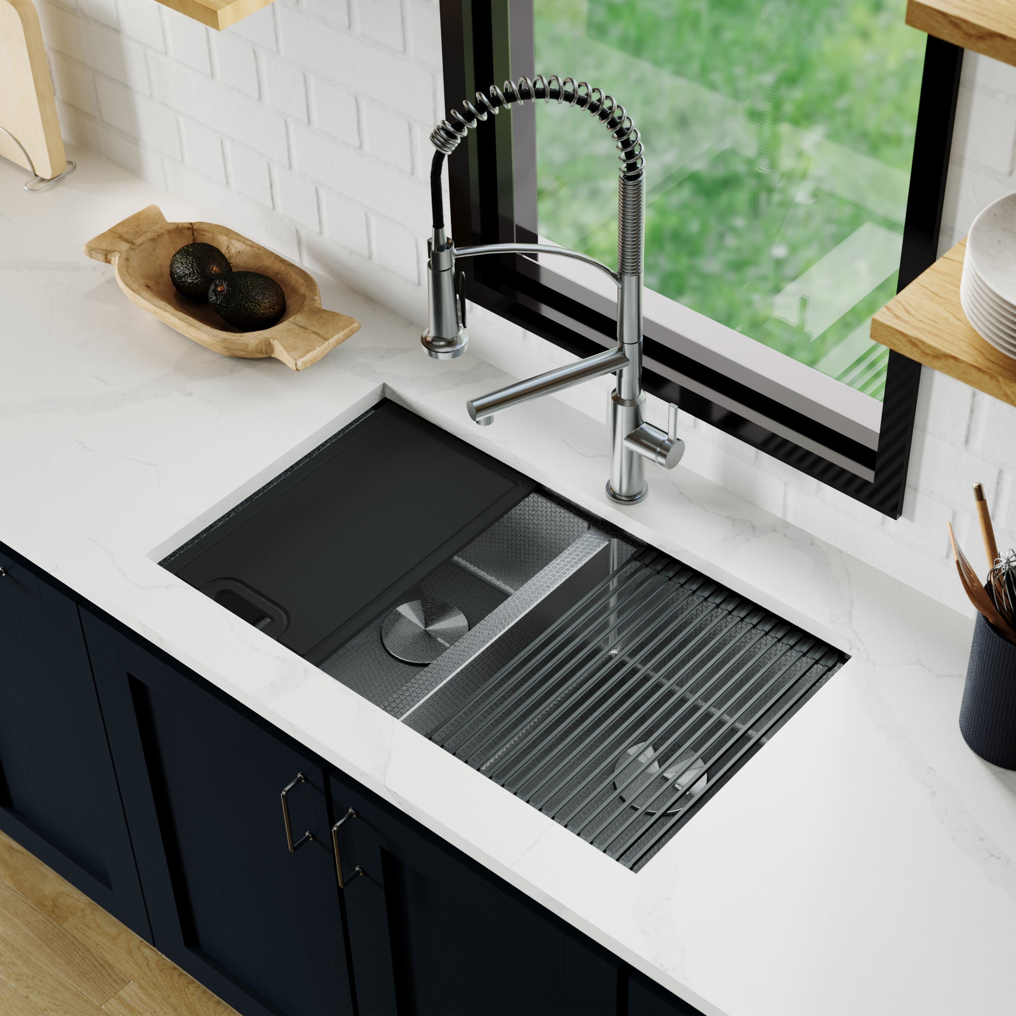 Karran Matrix 32" Undermount Stainless Steel Workstation Kitchen Sink with Accessories, 50/50 Double Bowl, Gunmetal Grey, 16 Gauge, HSU3219DBGG