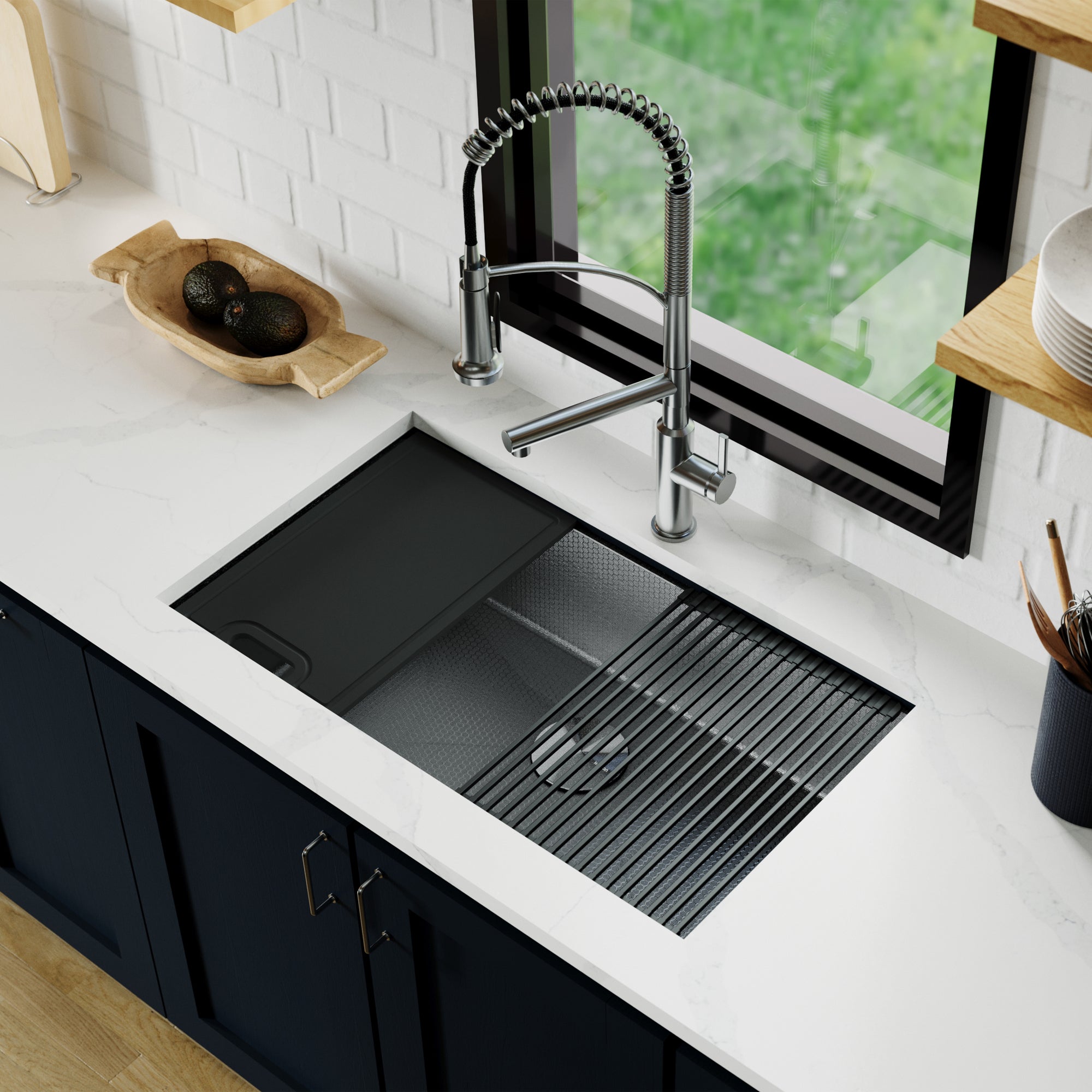 Karran Matrix 32" Undermount Stainless Steel Workstation Kitchen Sink with Accessories, Gunmetal Grey, 16 Gauge, HSU3219SBGG