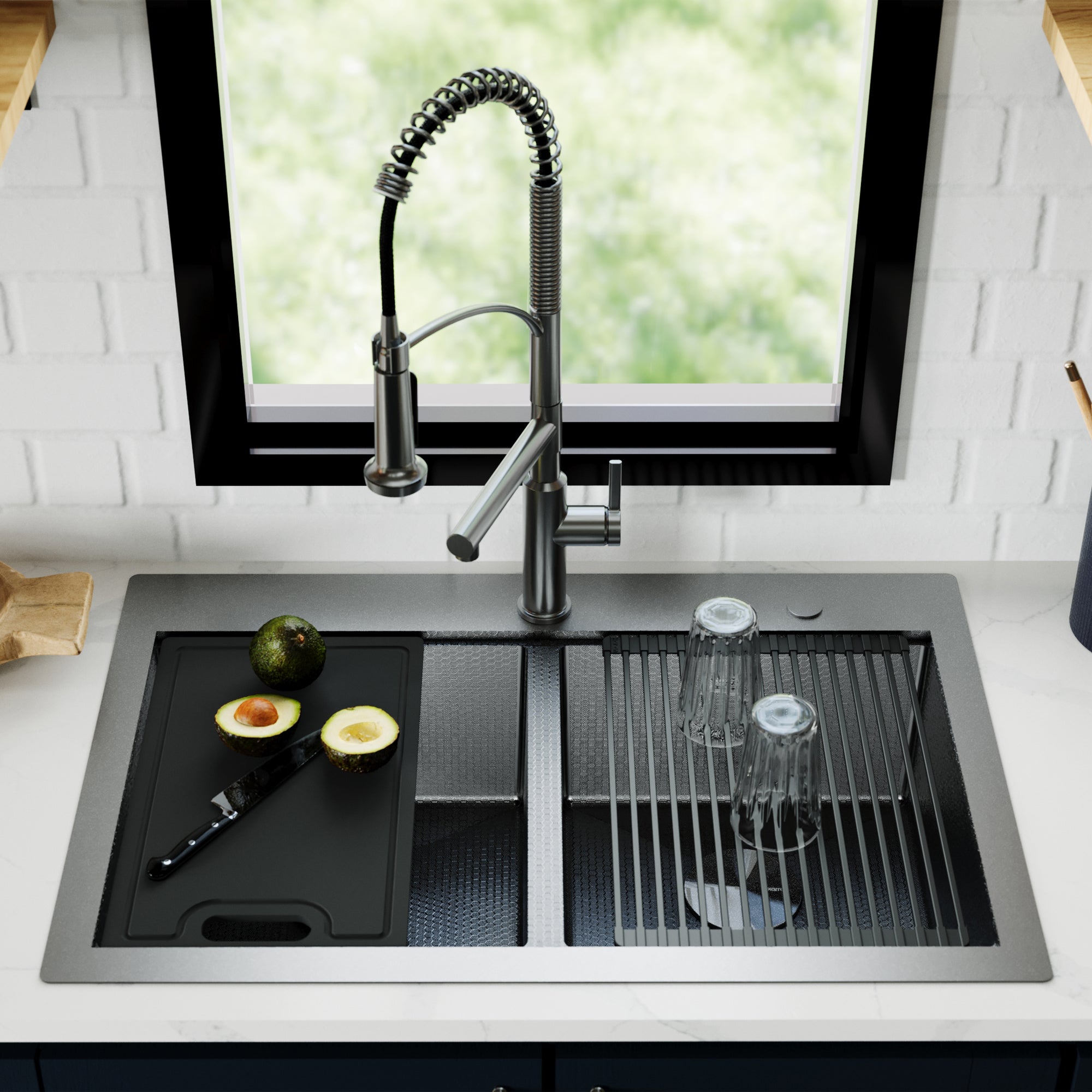 Karran Matrix 33" Drop In/Topmount Stainless Steel Workstation Kitchen Sink with Accessories, 50/50 Double Bowl, Gunmetal Grey, 16 Gauge, HST3322DBGG