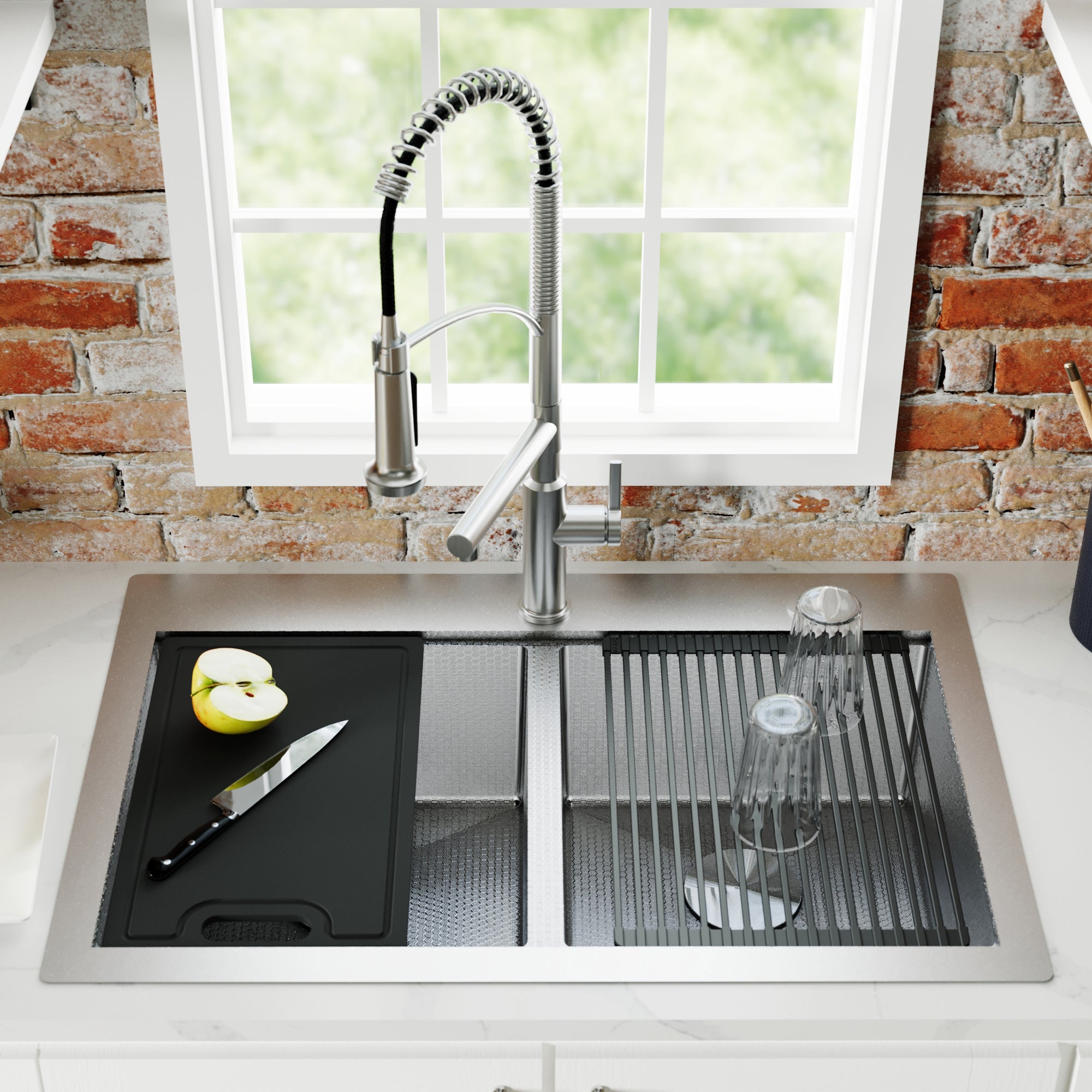 Karran Matrix 33" Drop In/Topmount Stainless Steel Workstation Kitchen Sink with Accessories, 50/50 Double Bowl, 16 Gauge, HST3322DBSS