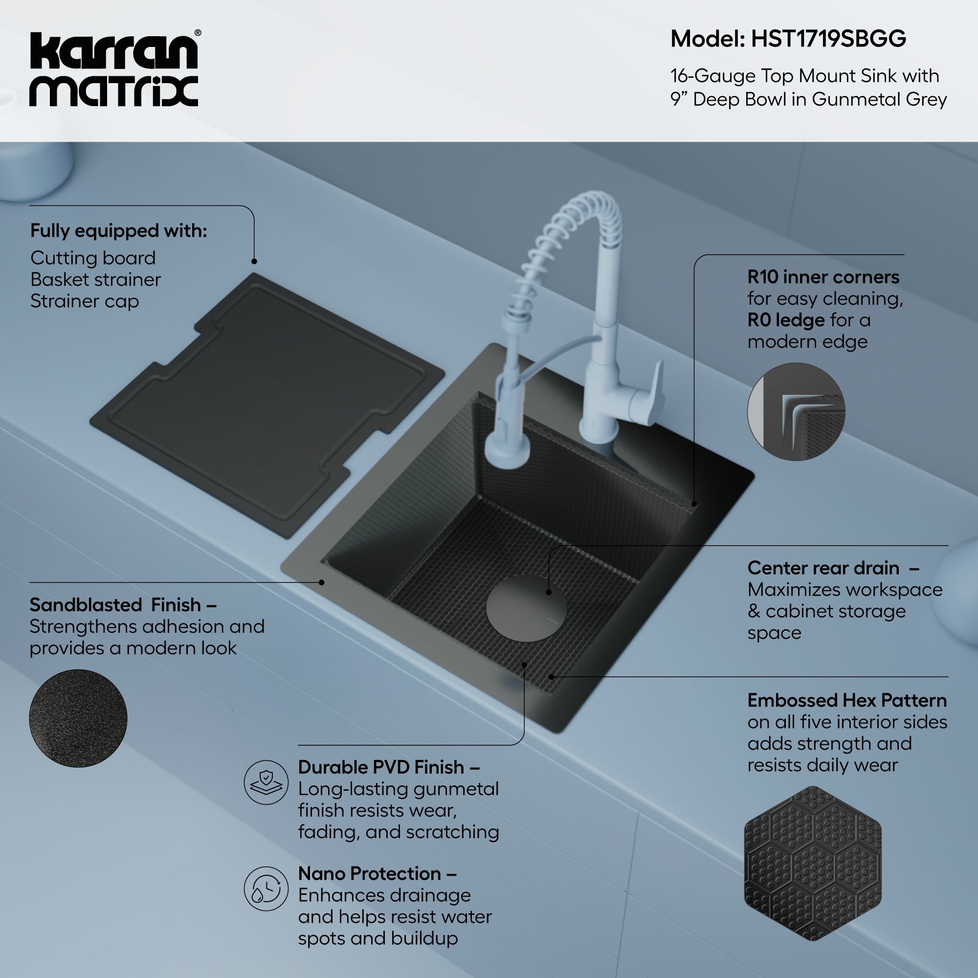 Karran Matrix 17" Drop In/Topmount Stainless Steel Workstation Kitchen Sink with Accessories, Gunmetal Grey, 16 Gauge, HST1719SBGG