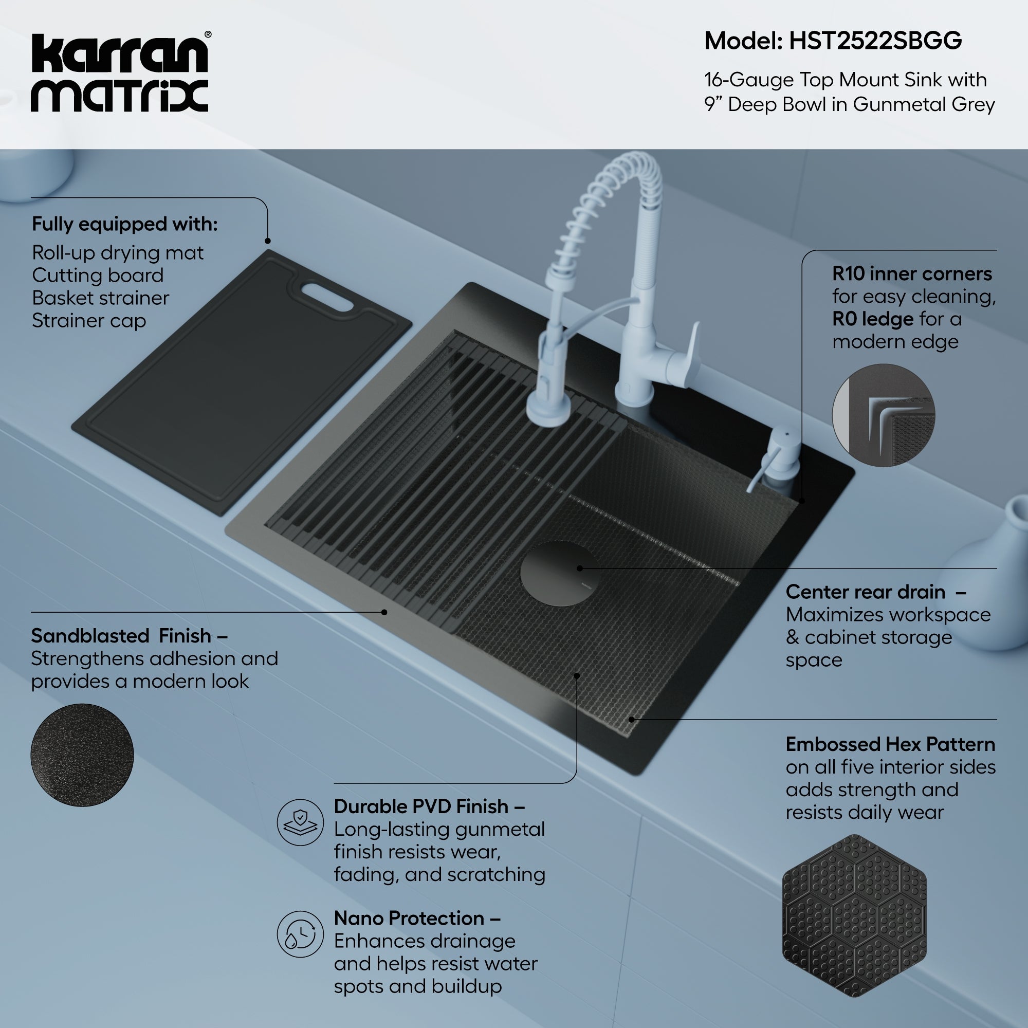 Karran Matrix 25" Drop In/Topmount Stainless Steel Workstation Kitchen Sink with Accessories, Gunmetal Grey, 16 Gauge, HST2522SBGG