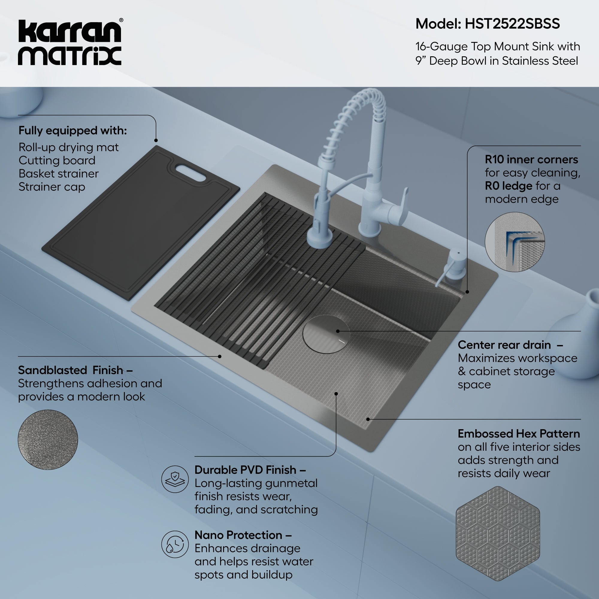 Karran Matrix 25" Drop In/Topmount Stainless Steel Workstation Kitchen Sink with Accessories, 16 Gauge, HST2522SBSS