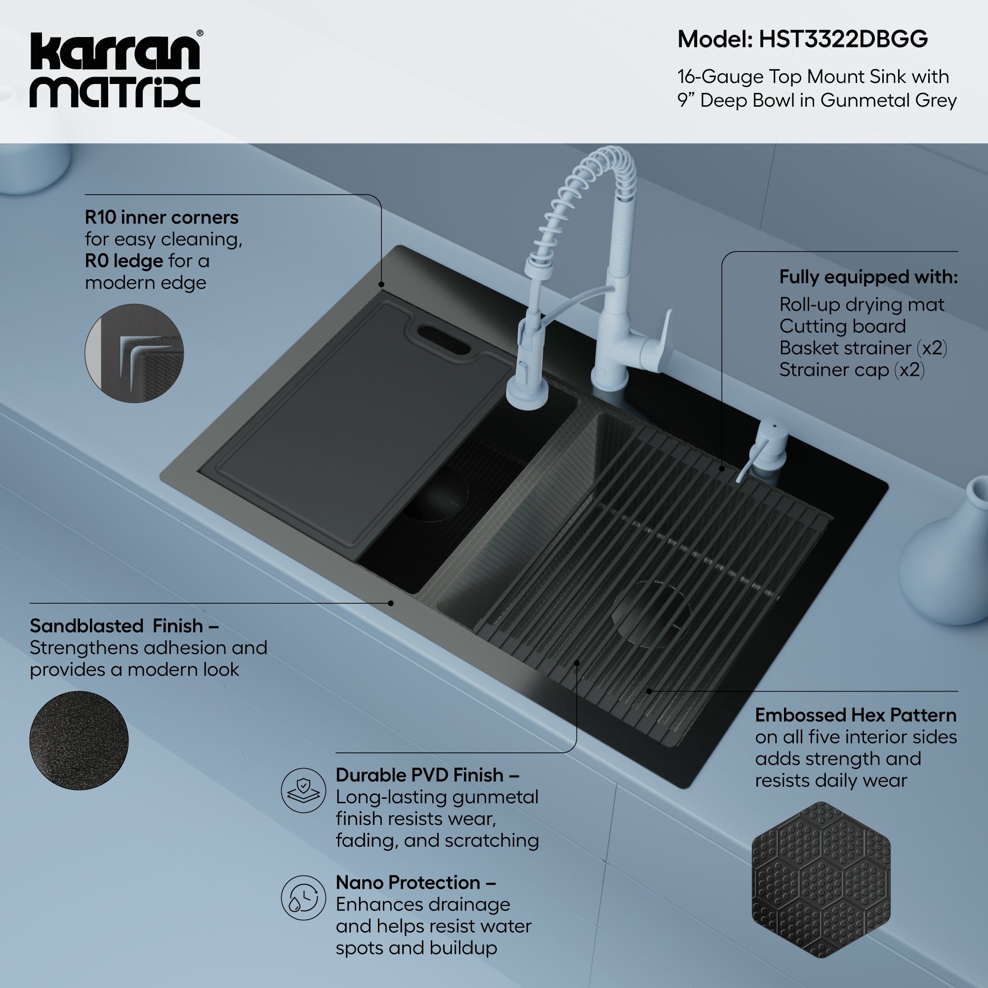 Karran Matrix 33" Drop In/Topmount Stainless Steel Workstation Kitchen Sink with Accessories, 50/50 Double Bowl, Gunmetal Grey, 16 Gauge, HST3322DBGG