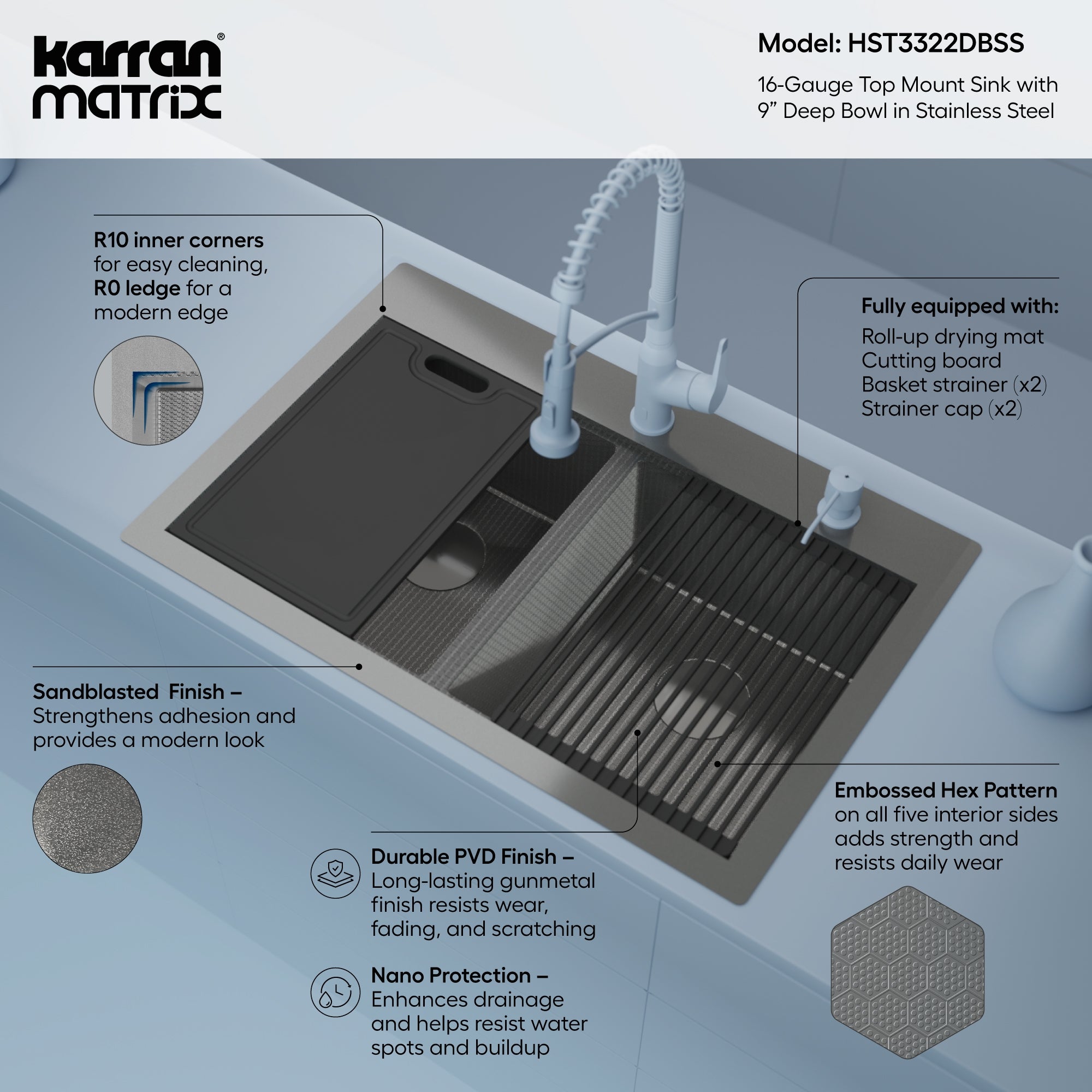 Karran Matrix 33" Drop In/Topmount Stainless Steel Workstation Kitchen Sink with Accessories, 50/50 Double Bowl, 16 Gauge, HST3322DBSS