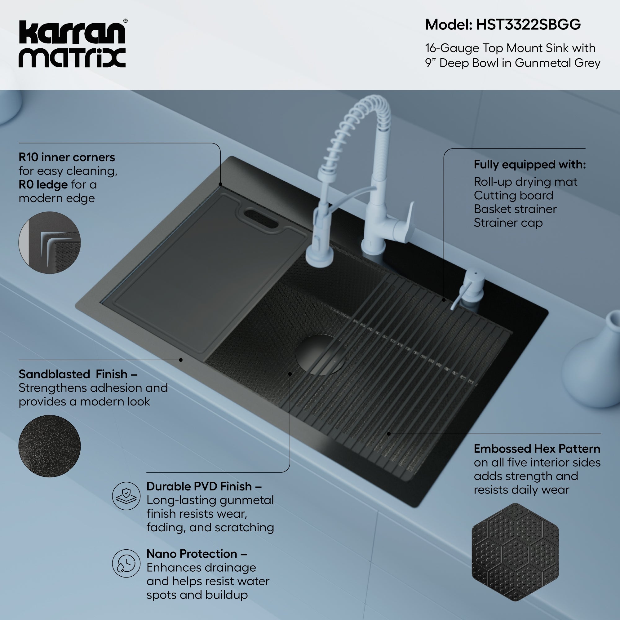 Karran Matrix 33" Drop In/Topmount Stainless Steel Workstation Kitchen Sink with Accessories, Gunmetal Grey, 16 Gauge, HST3322SBGG