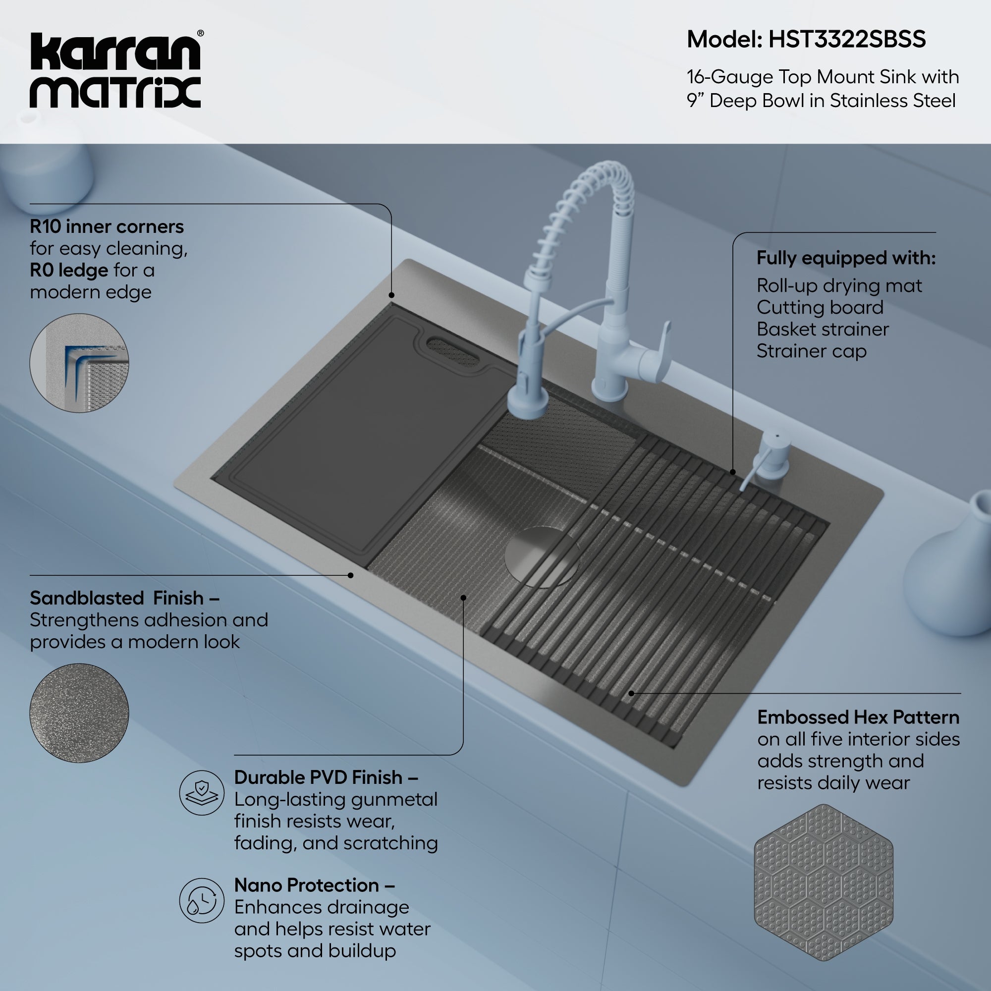Karran Matrix 33" Drop In/Topmount Stainless Steel Workstation Kitchen Sink with Accessories, 16 Gauge, HST3322SBSS