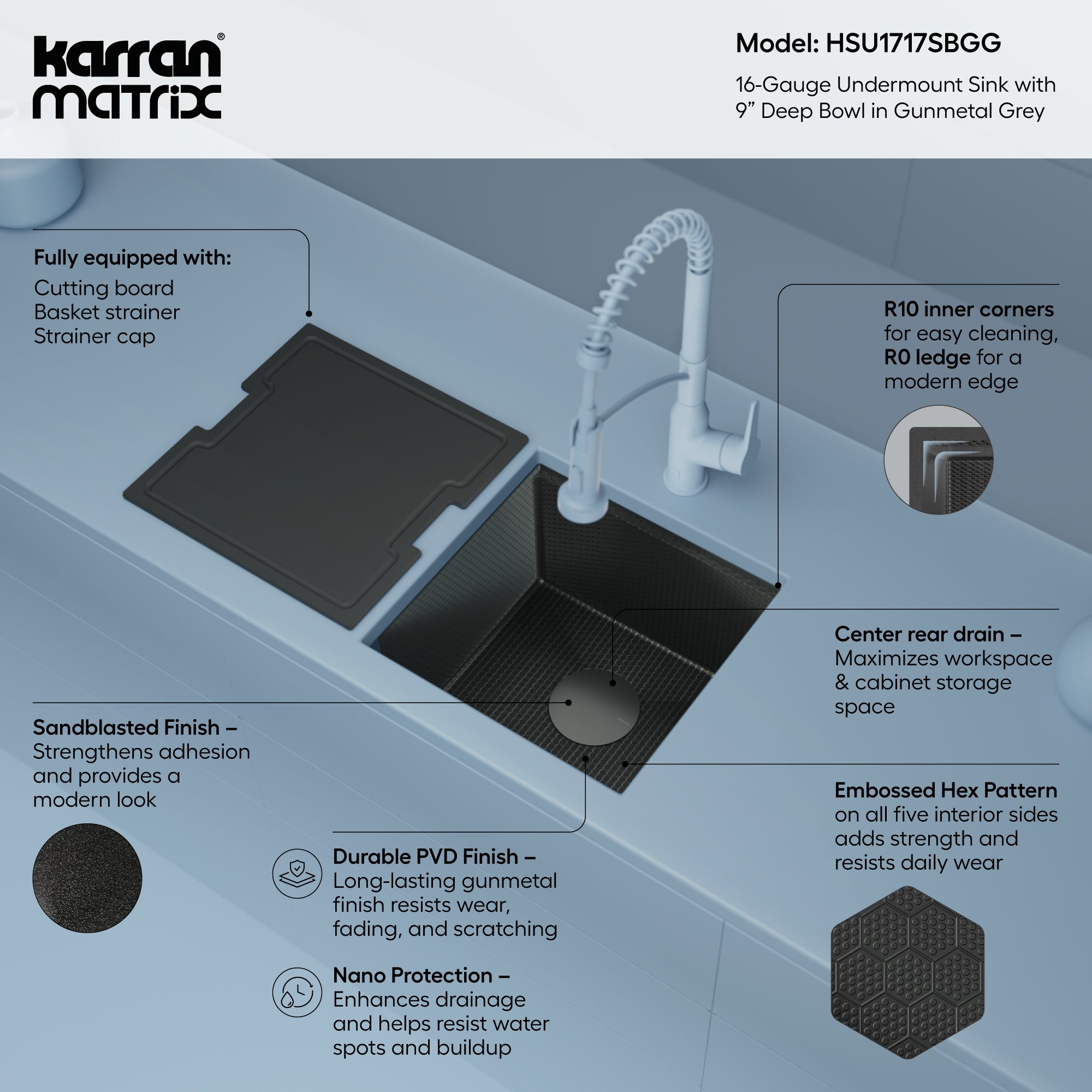 Karran Matrix 17" Undermount Stainless Steel Workstation Kitchen Sink with Accessories, Gunmetal Grey, 16 Gauge, HSU1717SBGG