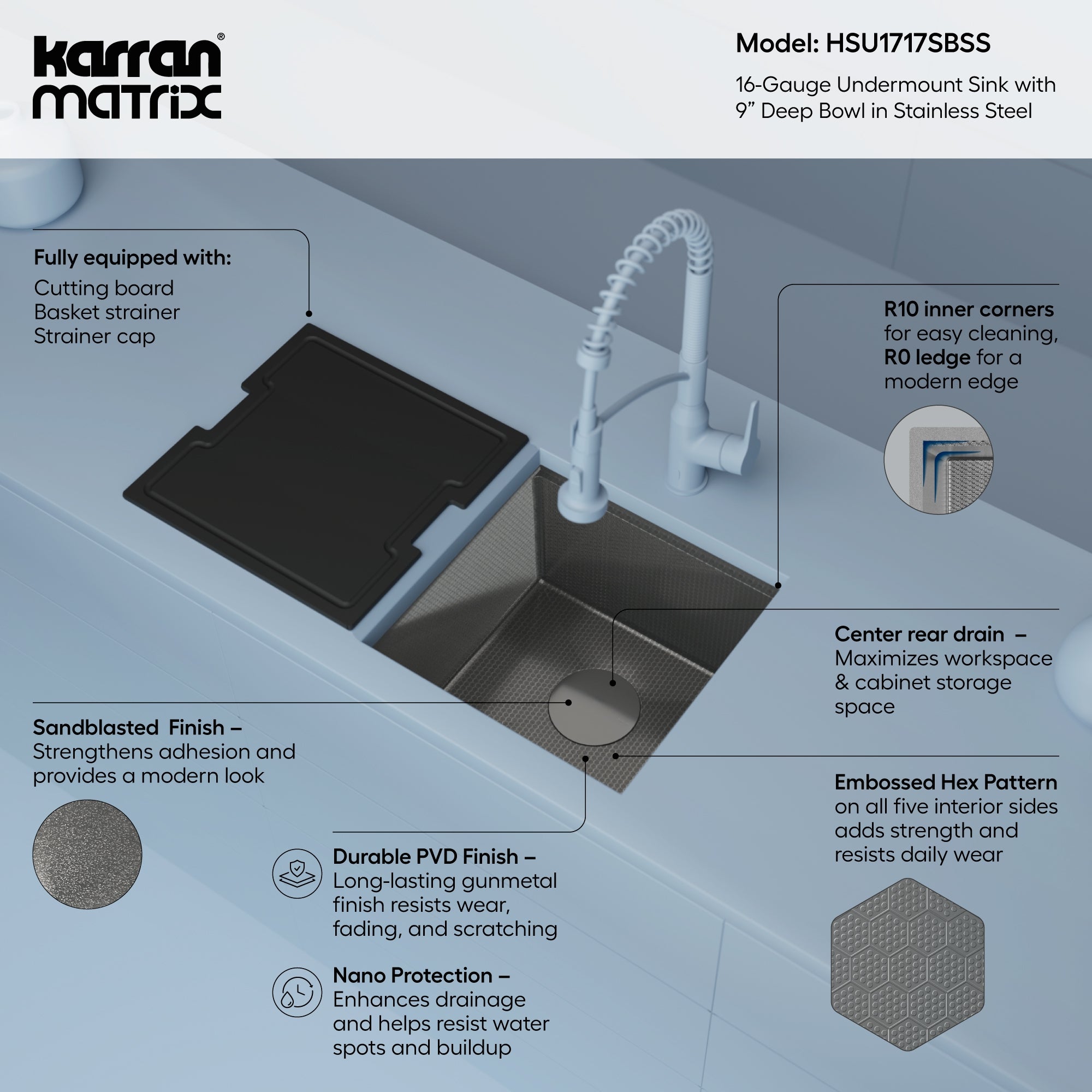 Karran Matrix 17" Undermount Stainless Steel Workstation Kitchen Sink with Accessories, 16 Gauge, HSU1717SBSS