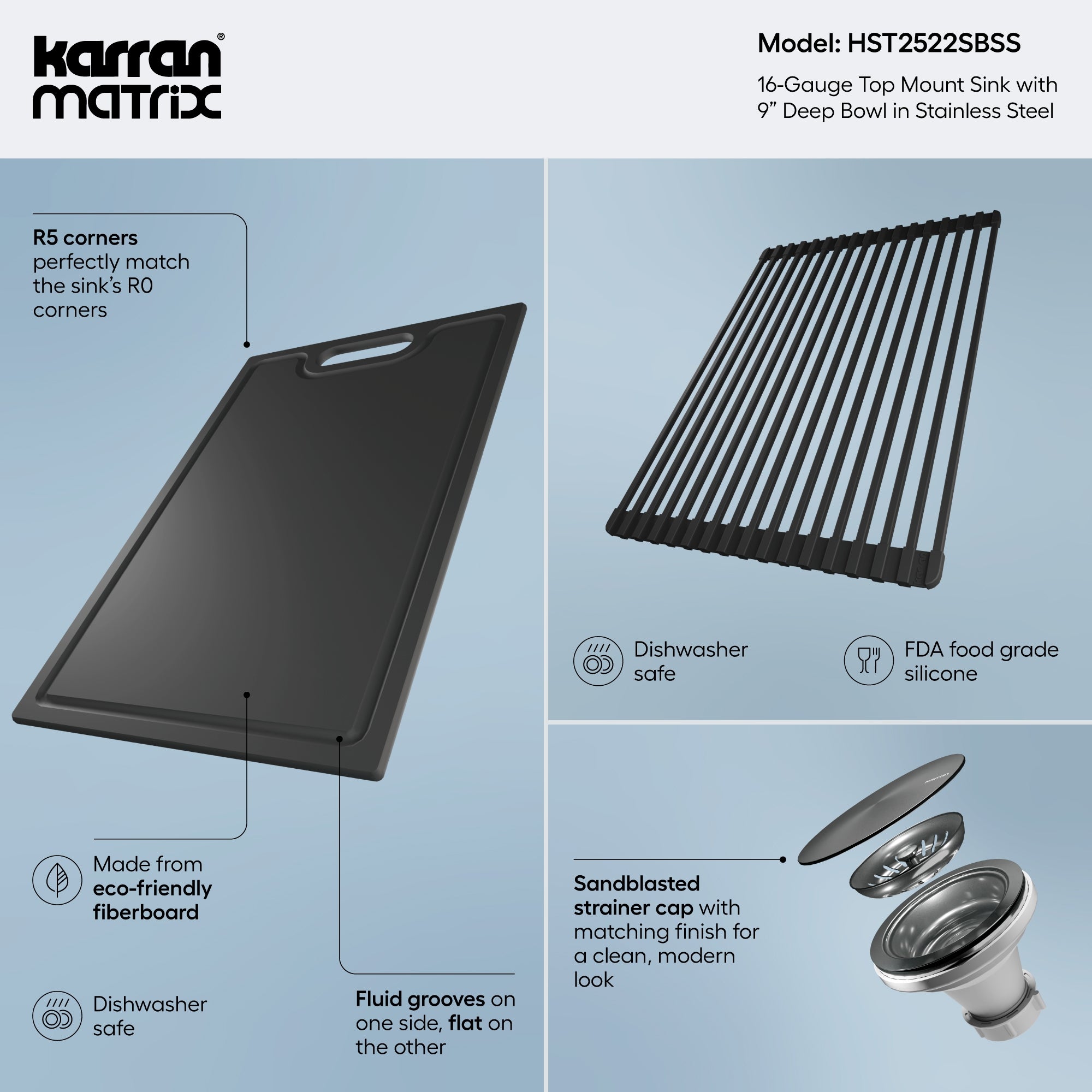 Karran Matrix 25" Drop In/Topmount Stainless Steel Workstation Kitchen Sink with Accessories, 16 Gauge, HST2522SBSS