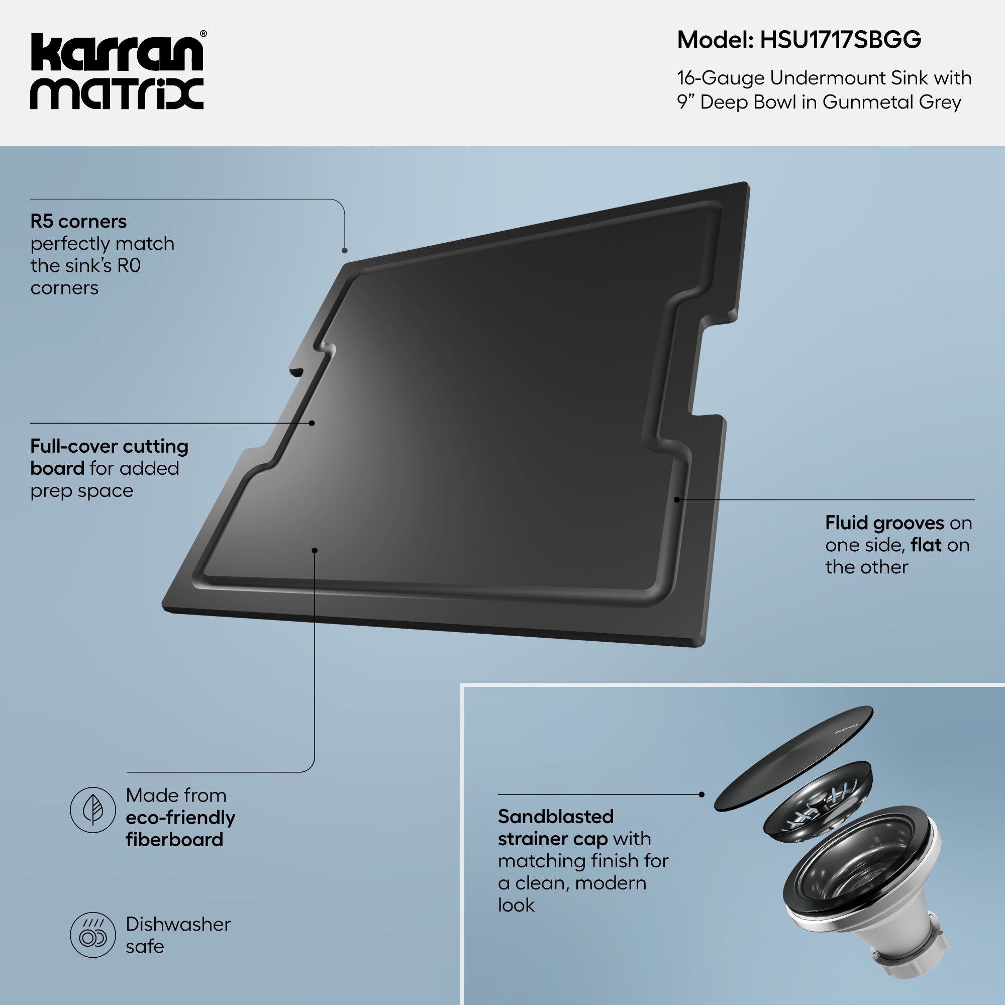Karran Matrix 17" Undermount Stainless Steel Workstation Kitchen Sink with Accessories, Gunmetal Grey, 16 Gauge, HSU1717SBGG