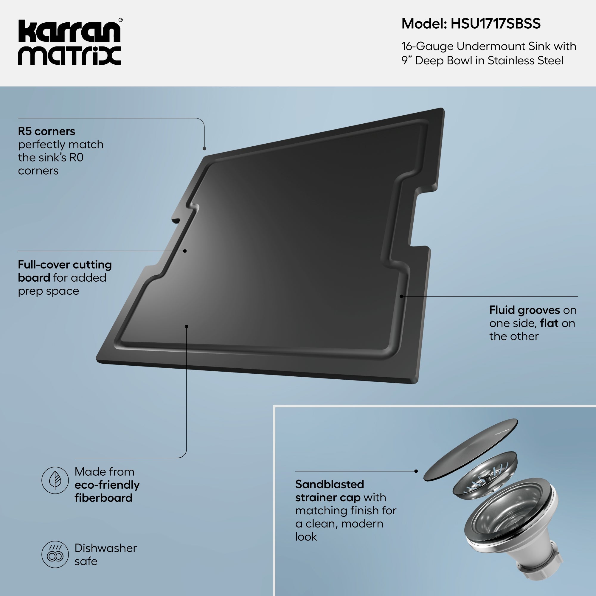 Karran Matrix 17" Undermount Stainless Steel Workstation Kitchen Sink with Accessories, 16 Gauge, HSU1717SBSS