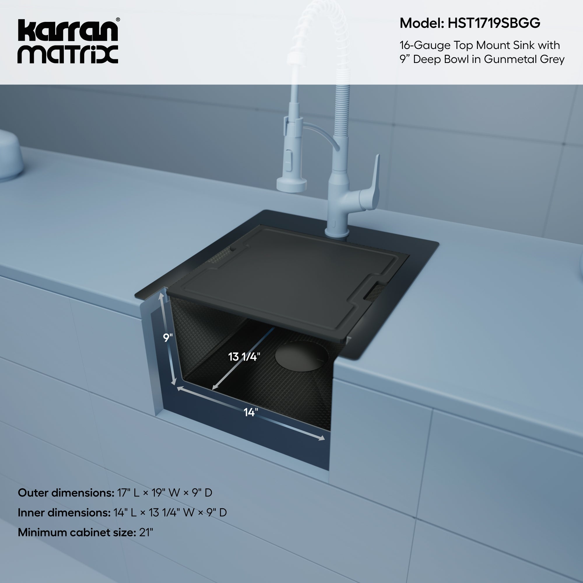 Karran Matrix 17" Drop In/Topmount Stainless Steel Workstation Kitchen Sink with Accessories, Gunmetal Grey, 16 Gauge, HST1719SBGG