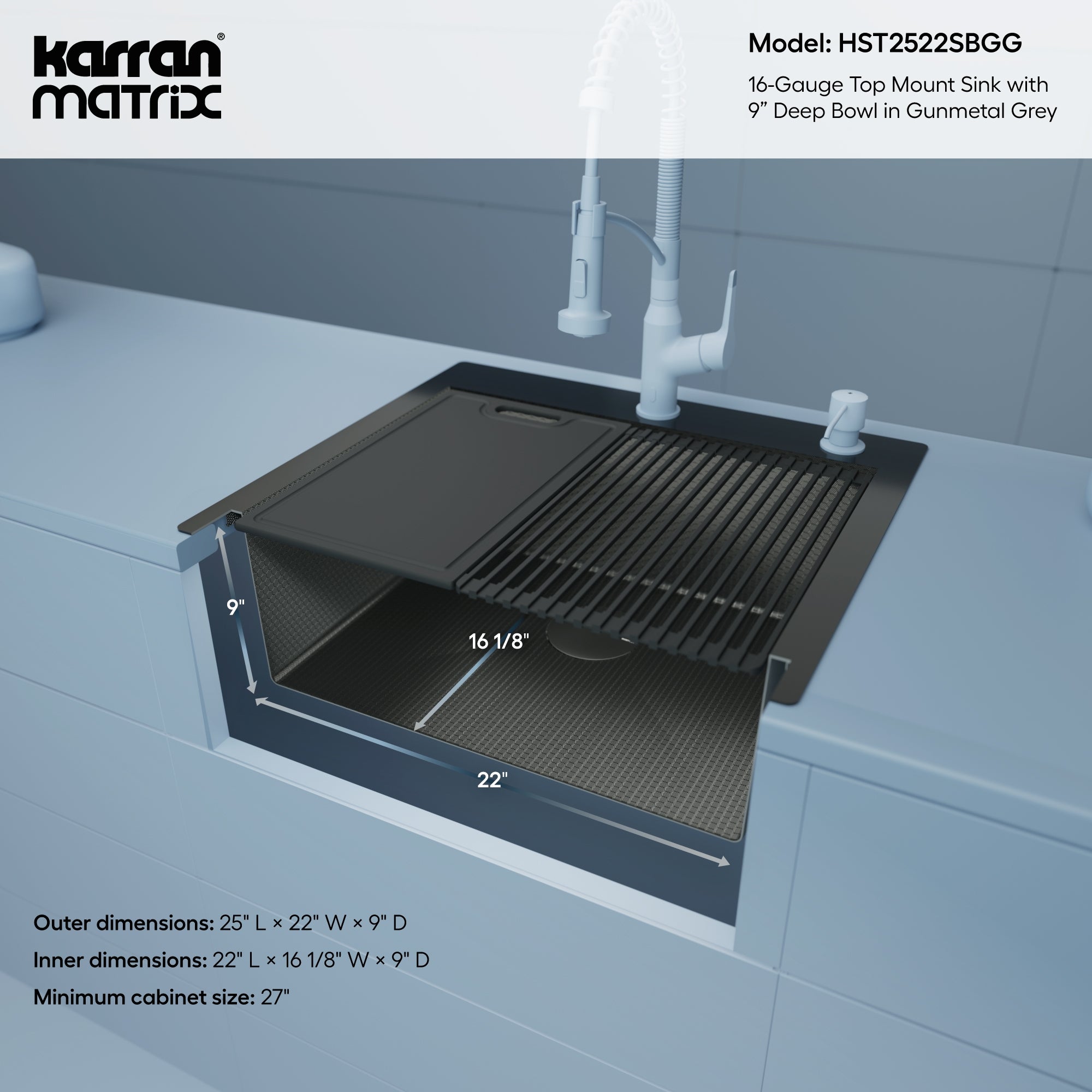 Karran Matrix 25" Drop In/Topmount Stainless Steel Workstation Kitchen Sink with Accessories, Gunmetal Grey, 16 Gauge, HST2522SBGG
