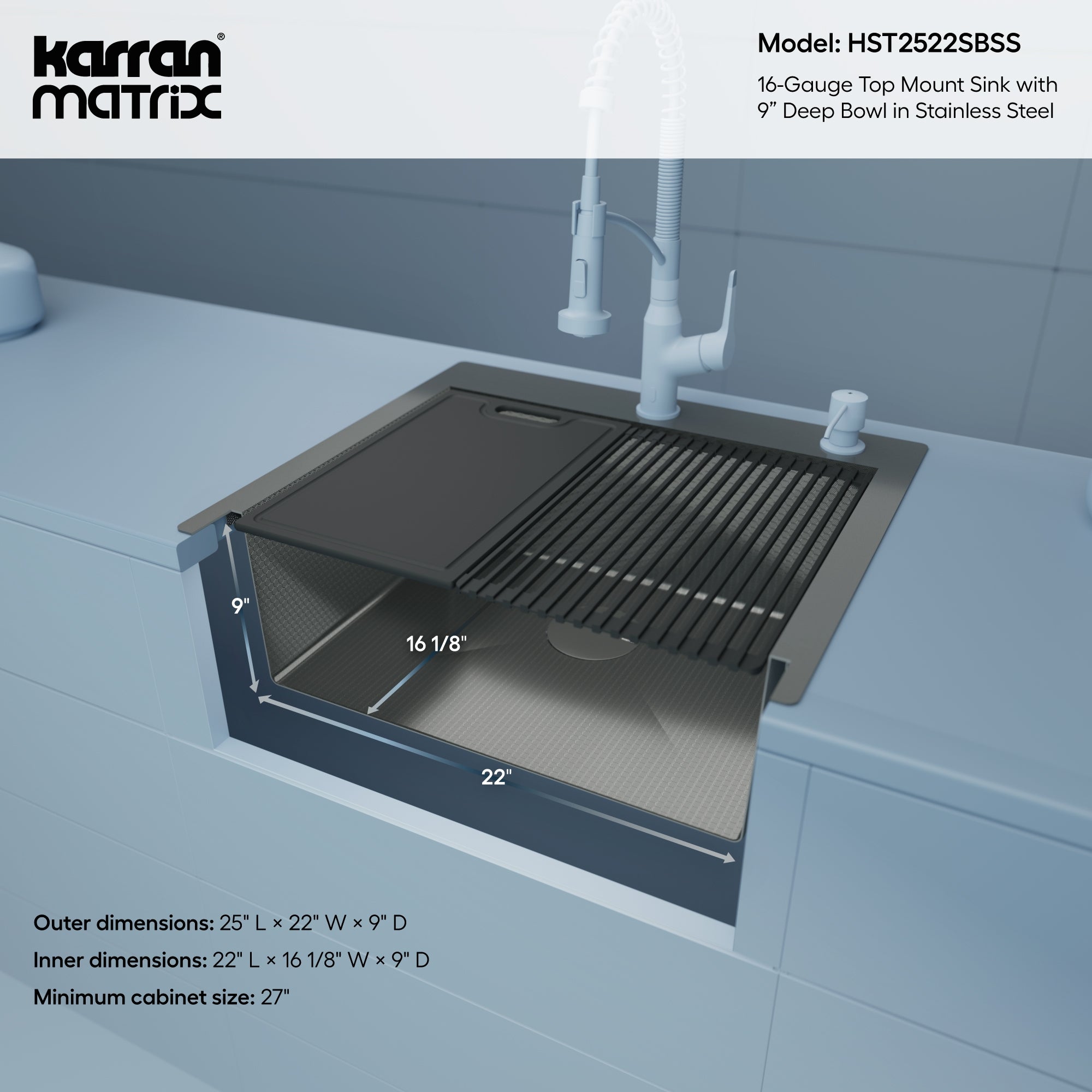 Karran Matrix 25" Drop In/Topmount Stainless Steel Workstation Kitchen Sink with Accessories, 16 Gauge, HST2522SBSS
