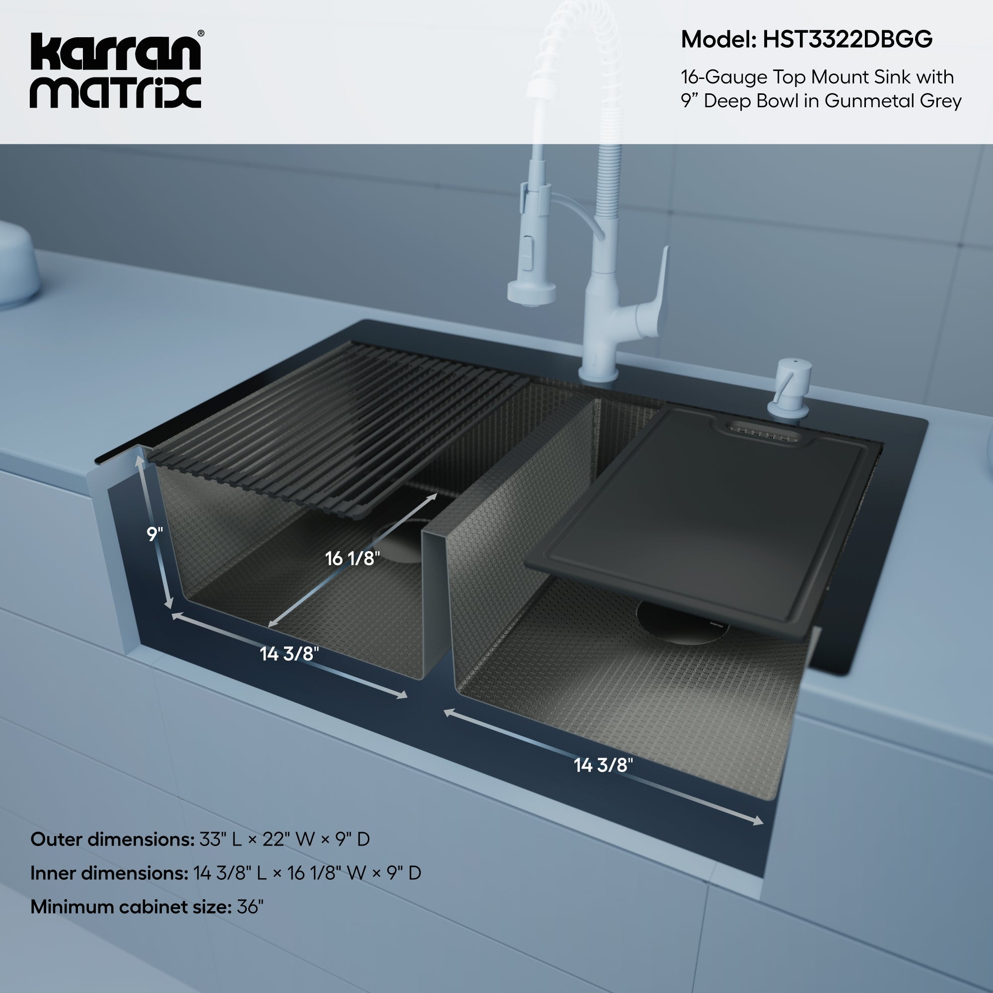 Karran Matrix 33" Drop In/Topmount Stainless Steel Workstation Kitchen Sink with Accessories, 50/50 Double Bowl, Gunmetal Grey, 16 Gauge, HST3322DBGG