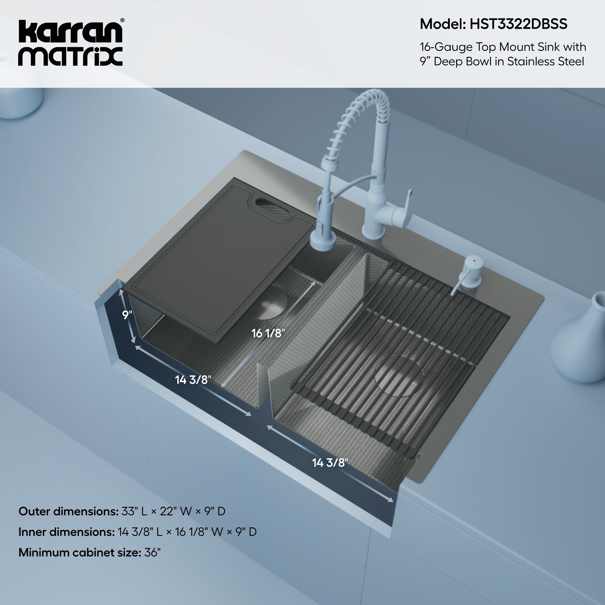 Karran Matrix 33" Drop In/Topmount Stainless Steel Workstation Kitchen Sink with Accessories, 50/50 Double Bowl, 16 Gauge, HST3322DBSS