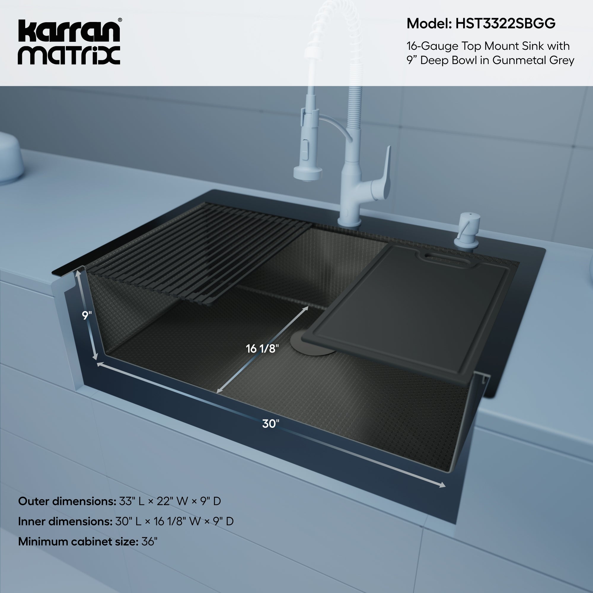 Karran Matrix 33" Drop In/Topmount Stainless Steel Workstation Kitchen Sink with Accessories, Gunmetal Grey, 16 Gauge, HST3322SBGG