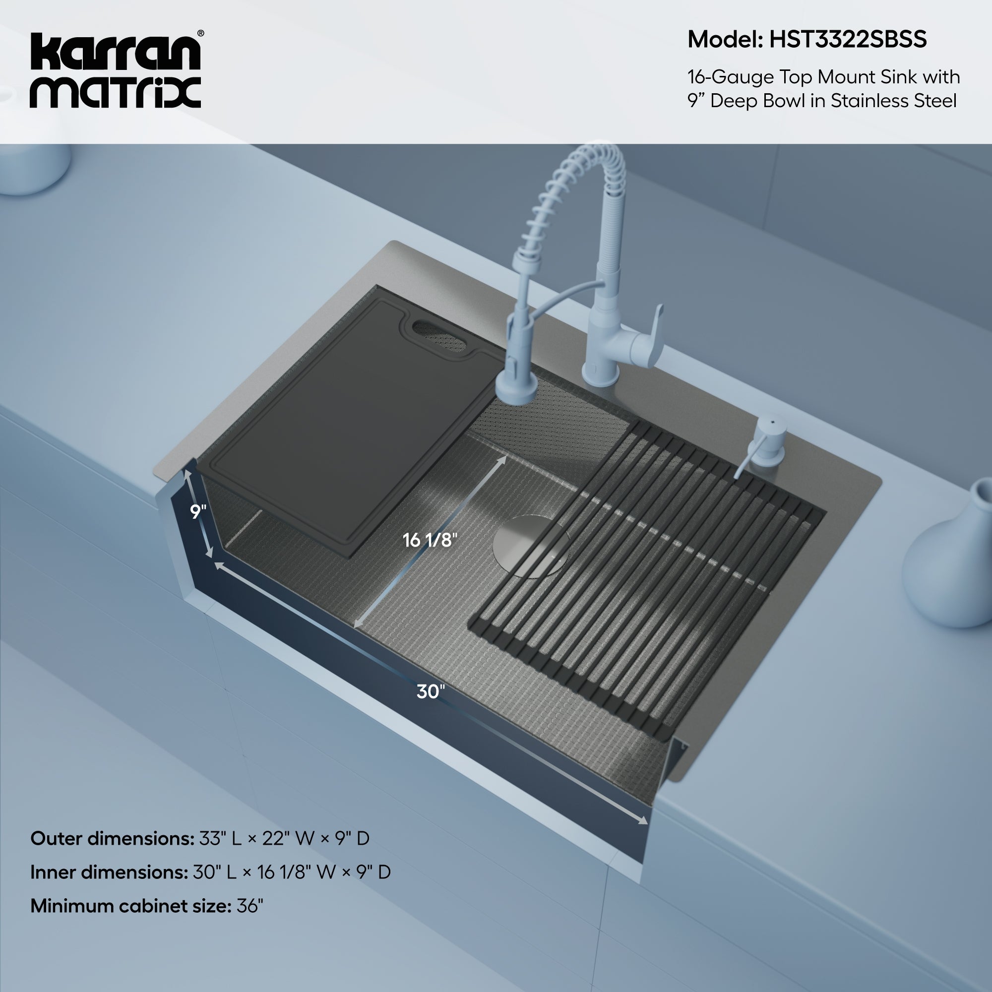 Karran Matrix 33" Drop In/Topmount Stainless Steel Workstation Kitchen Sink with Accessories, 16 Gauge, HST3322SBSS