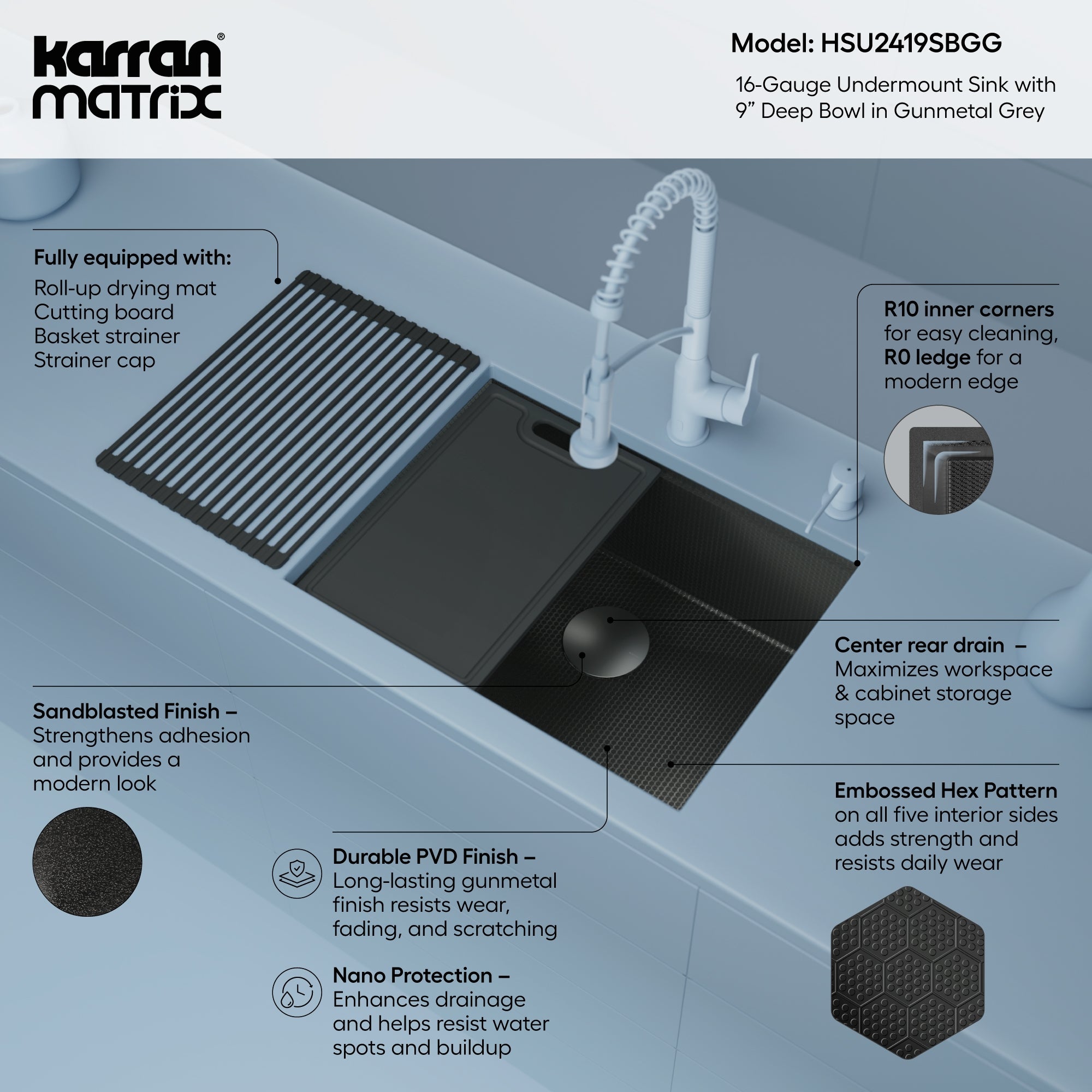 Karran Matrix 24" Undermount Stainless Steel Workstation Kitchen Sink with Accessories, Gunmetal Grey, 16 Gauge, HSU2419SBGG
