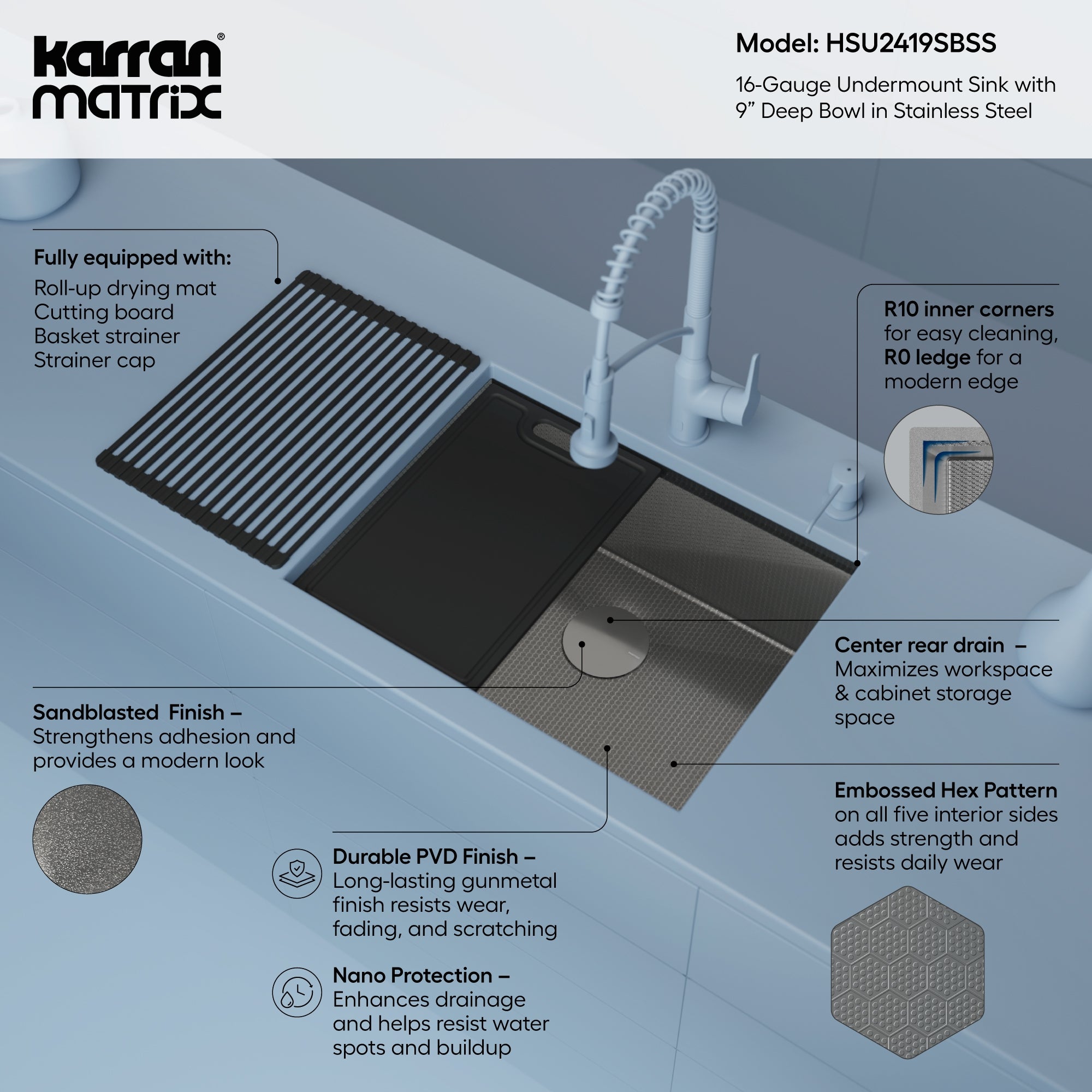 Karran Matrix 24" Undermount Stainless Steel Workstation Kitchen Sink with Accessories, 16 Gauge, HSU2419SBSS