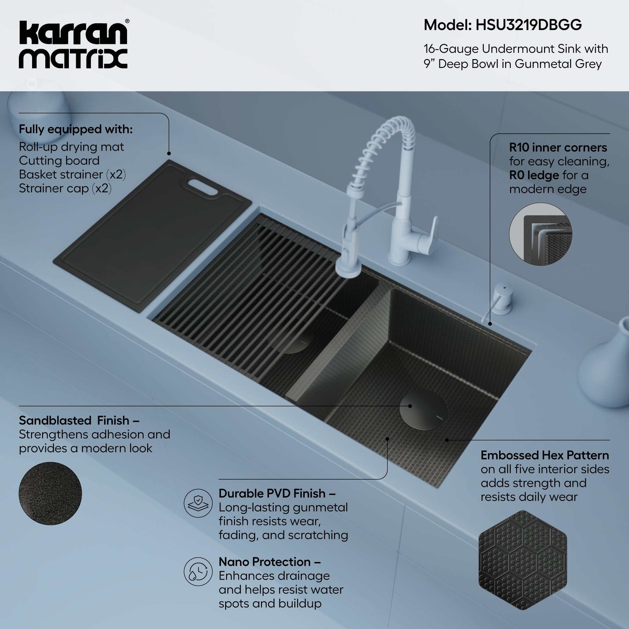 Karran Matrix 32" Undermount Stainless Steel Workstation Kitchen Sink with Accessories, 50/50 Double Bowl, Gunmetal Grey, 16 Gauge, HSU3219DBGG