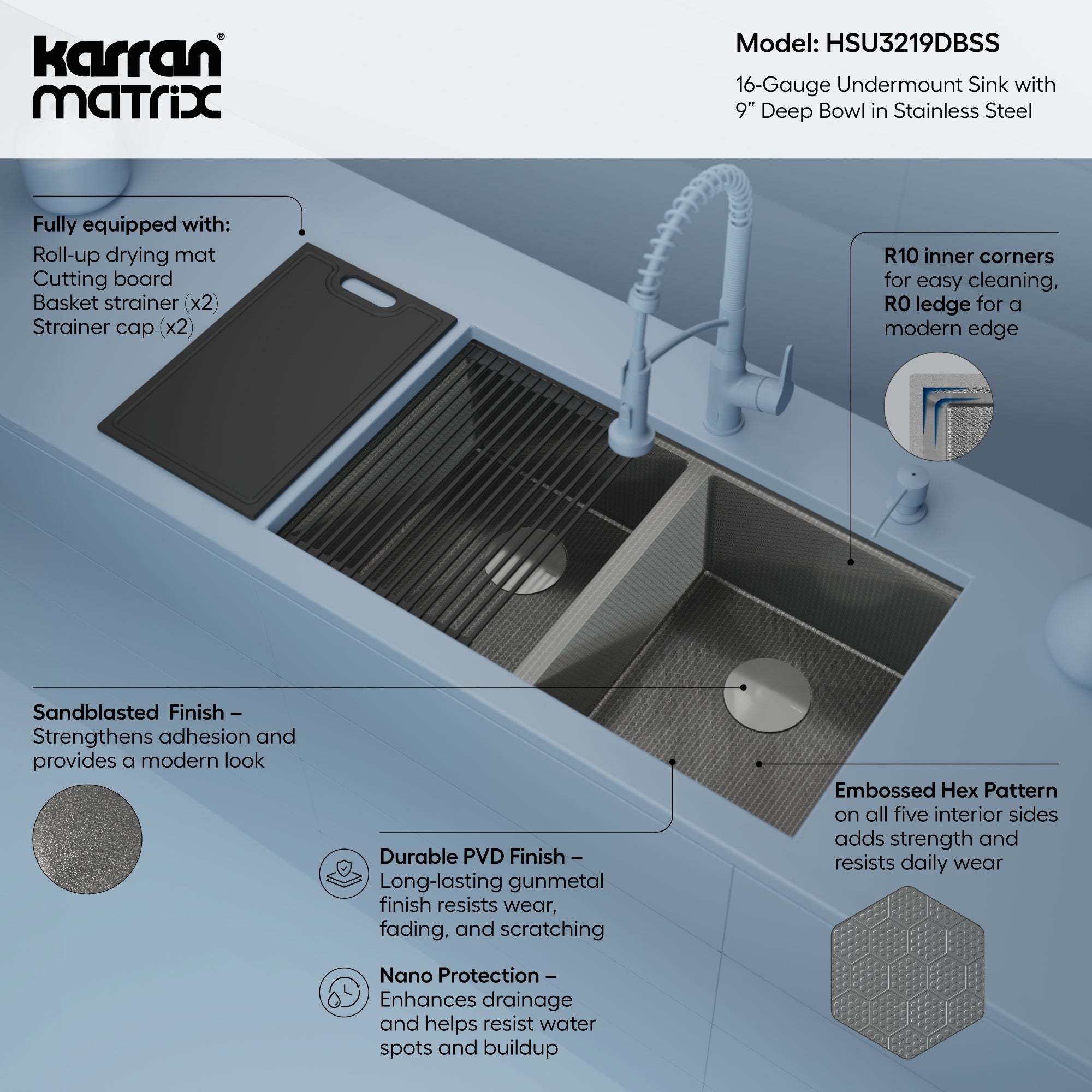 Karran Matrix 32" Undermount Stainless Steel Workstation Kitchen Sink with Accessories, 50/50 Double Bowl, 16 Gauge, HSU3219DBSS