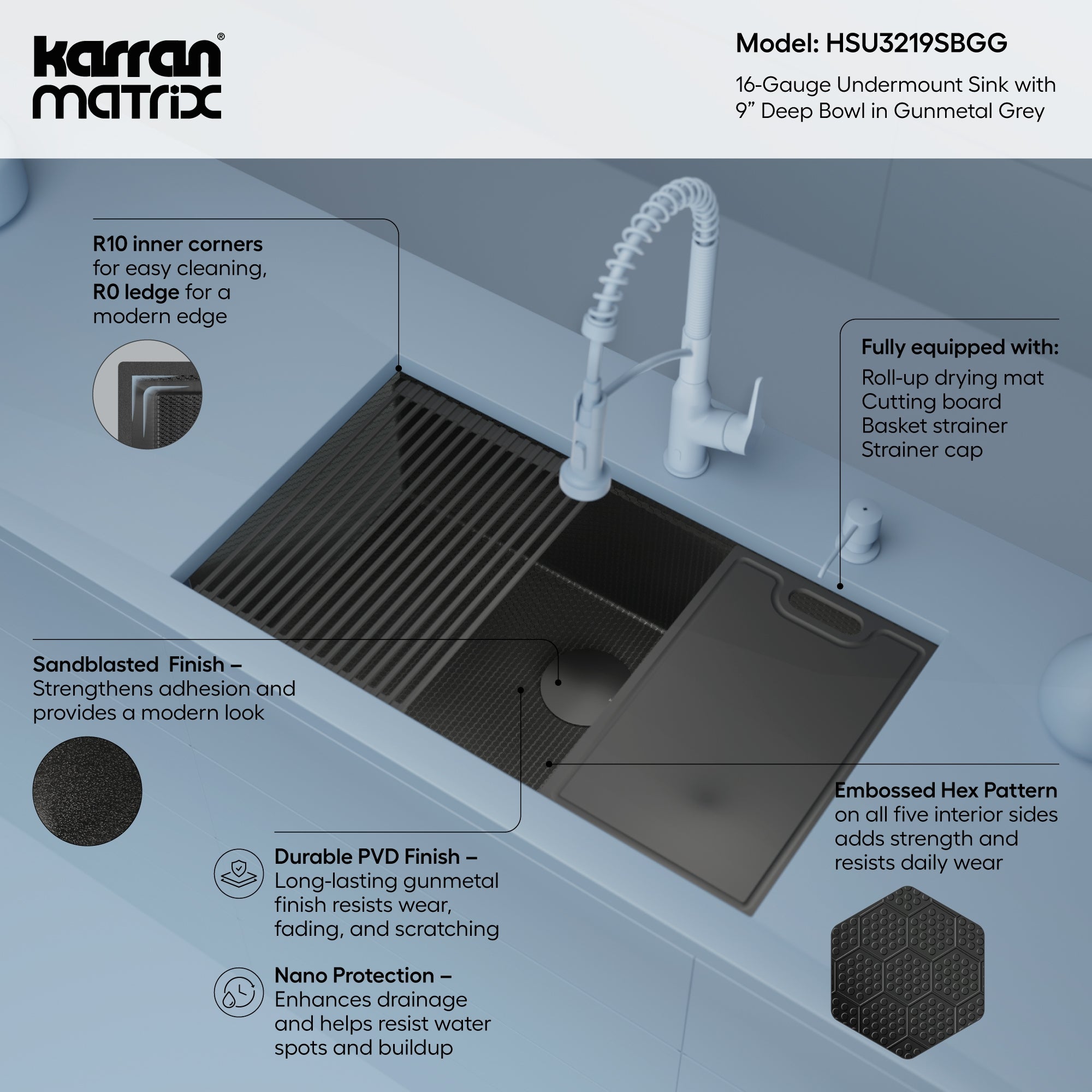 Karran Matrix 32" Undermount Stainless Steel Workstation Kitchen Sink with Accessories, Gunmetal Grey, 16 Gauge, HSU3219SBGG