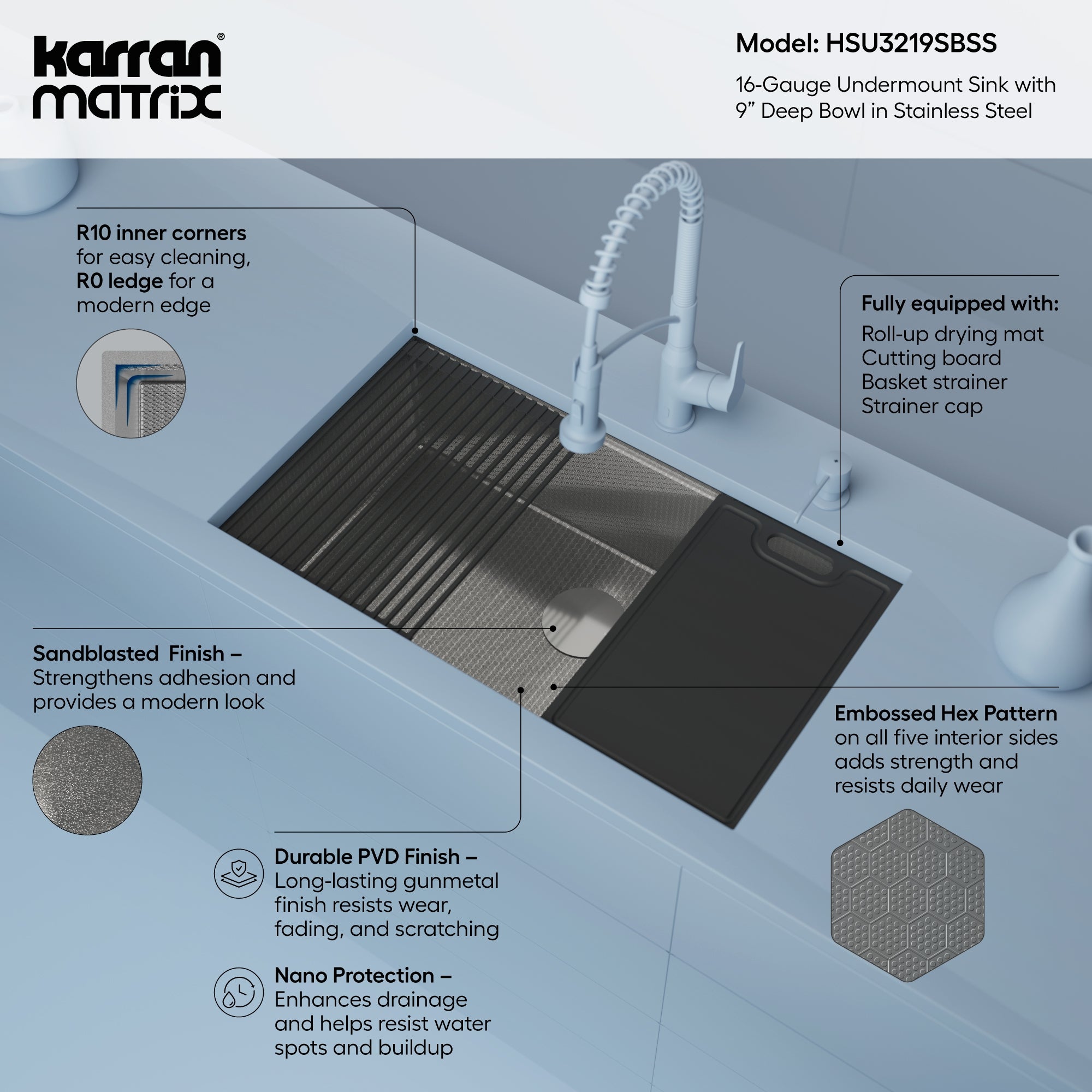 Karran Matrix 32" Undermount Stainless Steel Workstation Kitchen Sink with Accessories, 16 Gauge, HSU3219SBSS