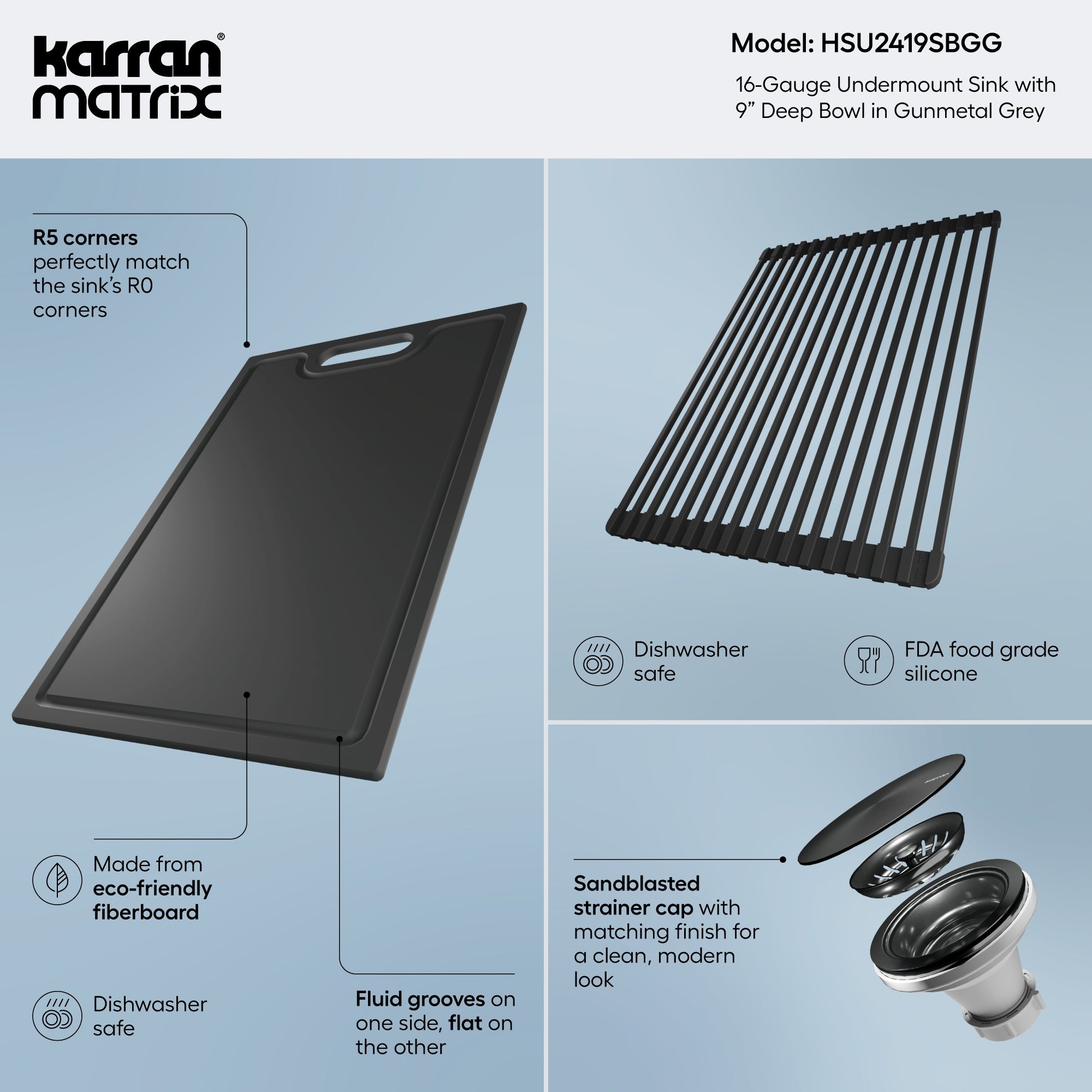 Karran Matrix 24" Undermount Stainless Steel Workstation Kitchen Sink with Accessories, Gunmetal Grey, 16 Gauge, HSU2419SBGG