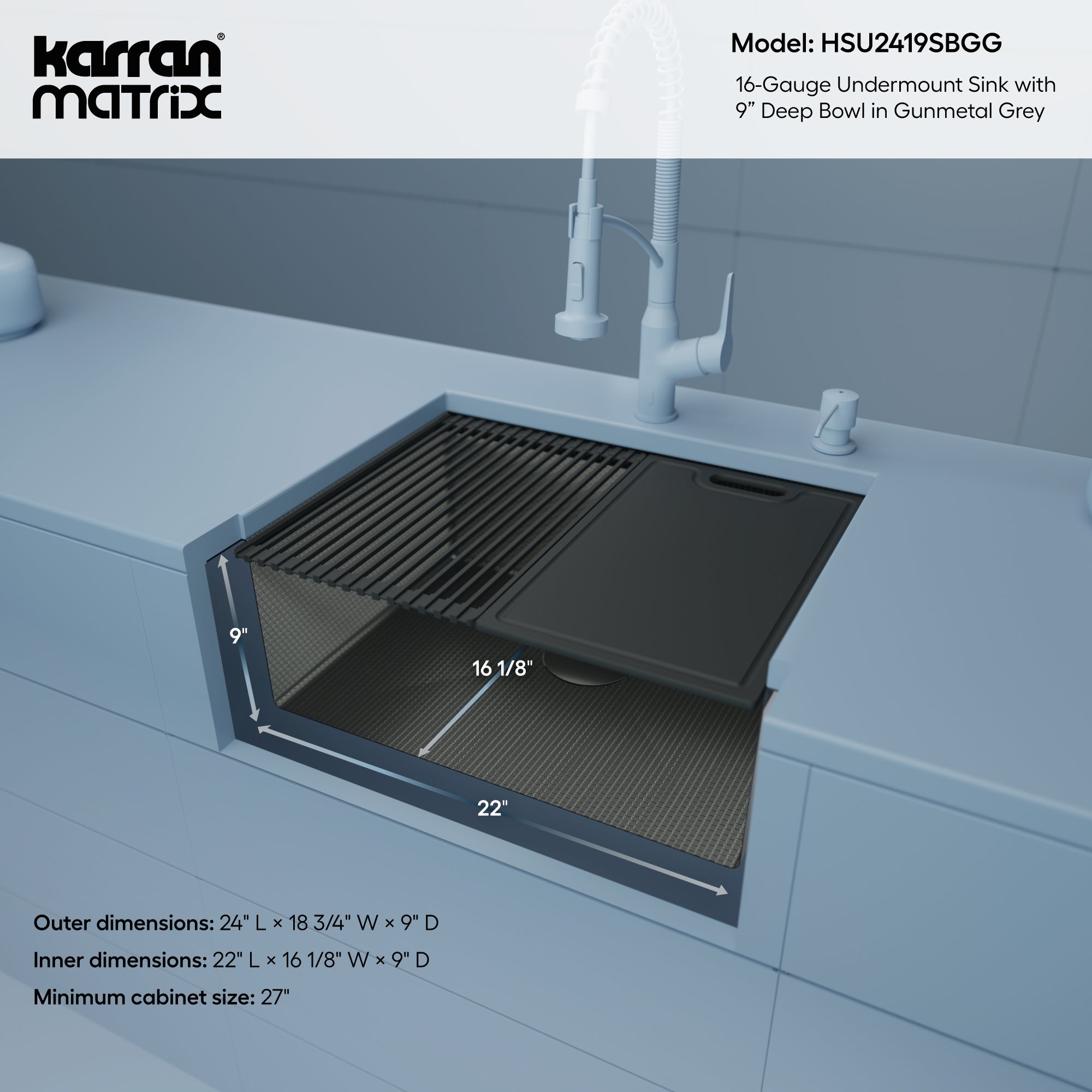 Karran Matrix 24" Undermount Stainless Steel Workstation Kitchen Sink with Accessories, Gunmetal Grey, 16 Gauge, HSU2419SBGG