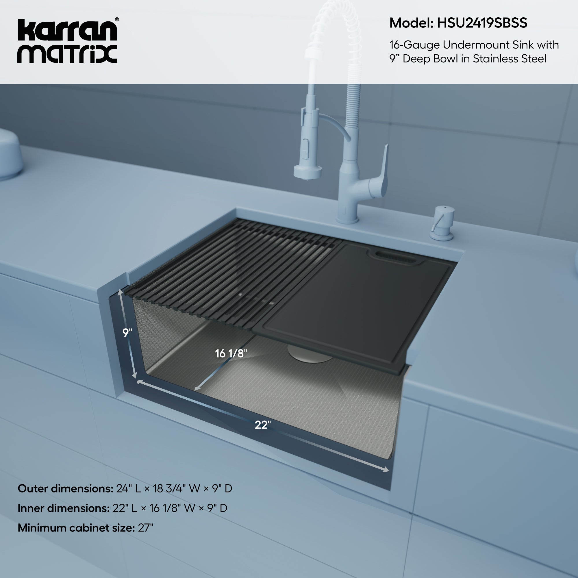 Karran Matrix 24" Undermount Stainless Steel Workstation Kitchen Sink with Accessories, 16 Gauge, HSU2419SBSS