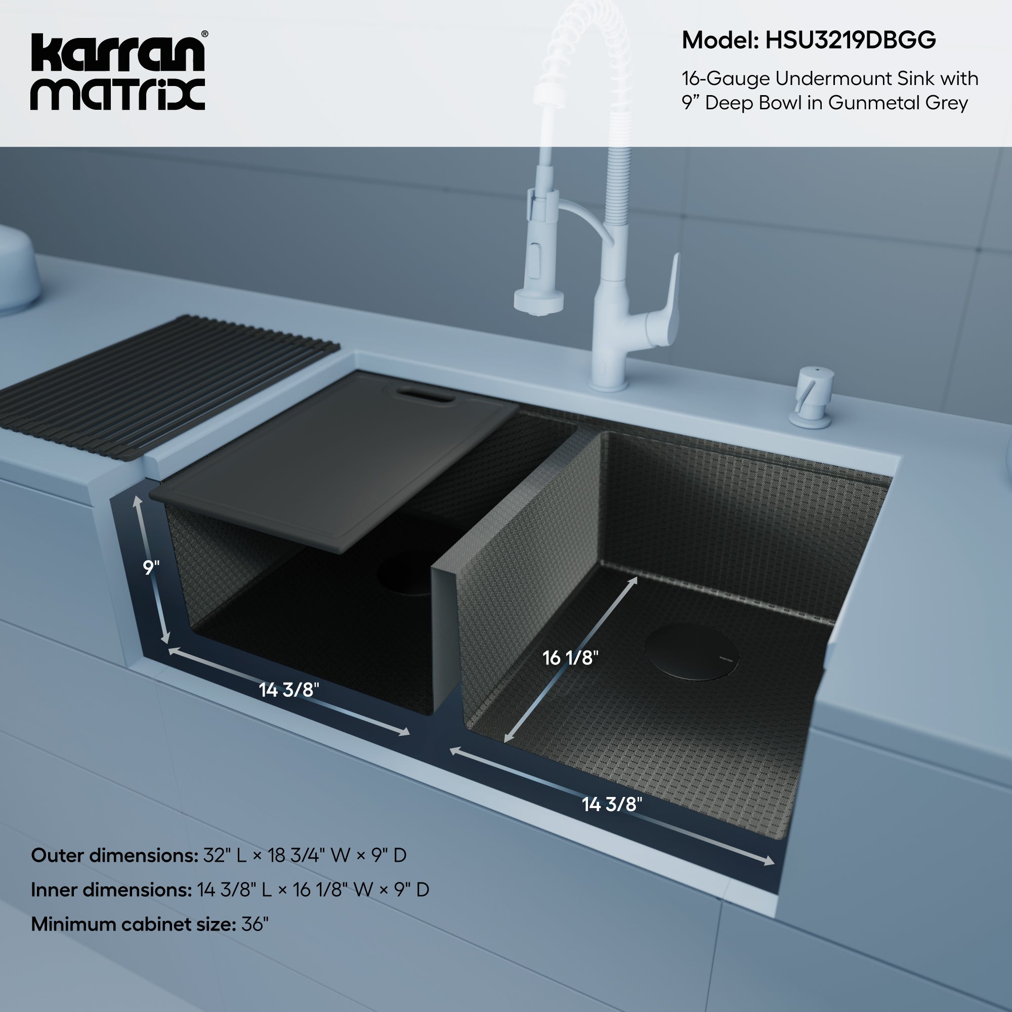 Karran Matrix 32" Undermount Stainless Steel Workstation Kitchen Sink with Accessories, 50/50 Double Bowl, Gunmetal Grey, 16 Gauge, HSU3219DBGG