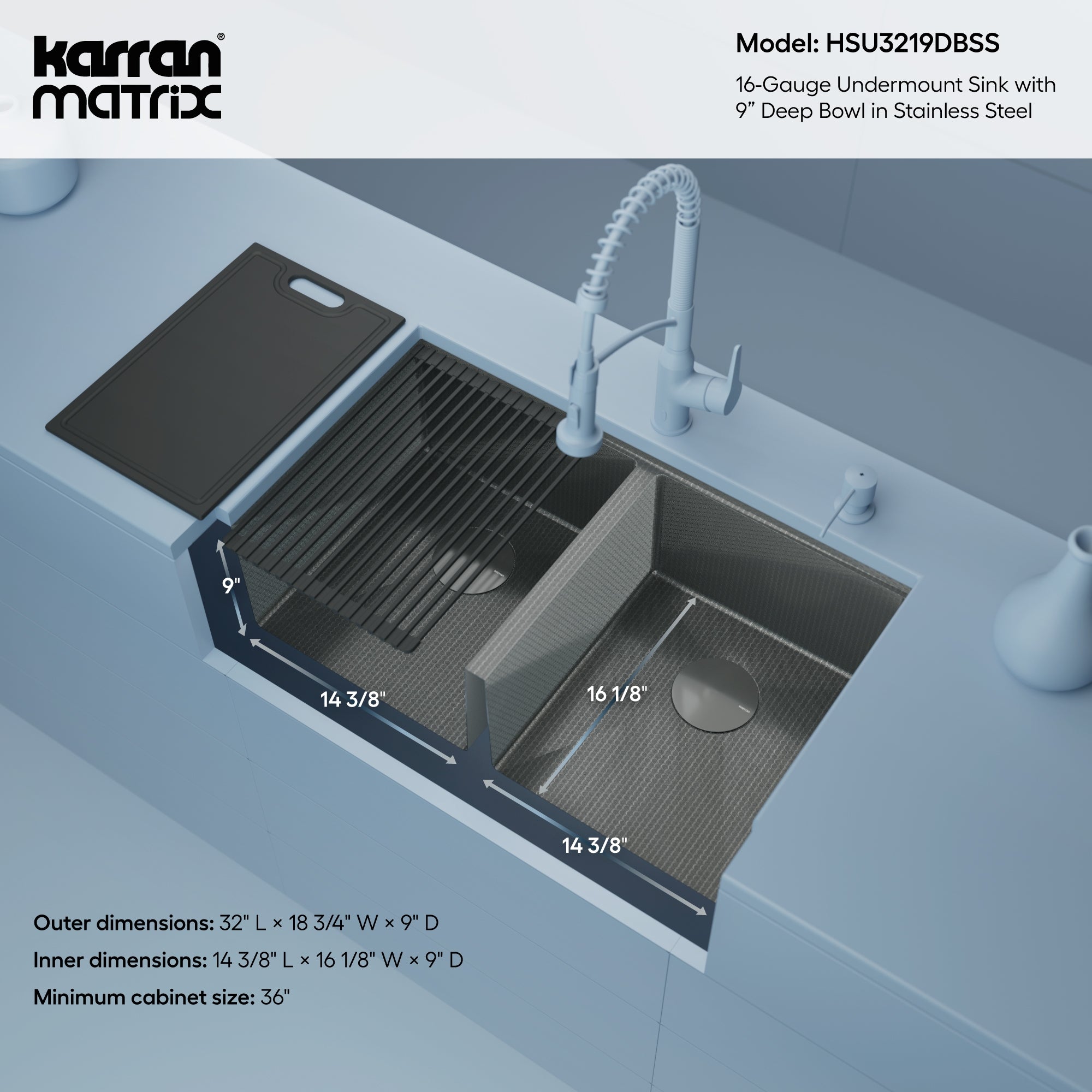 Karran Matrix 32" Undermount Stainless Steel Workstation Kitchen Sink with Accessories, 50/50 Double Bowl, 16 Gauge, HSU3219DBSS