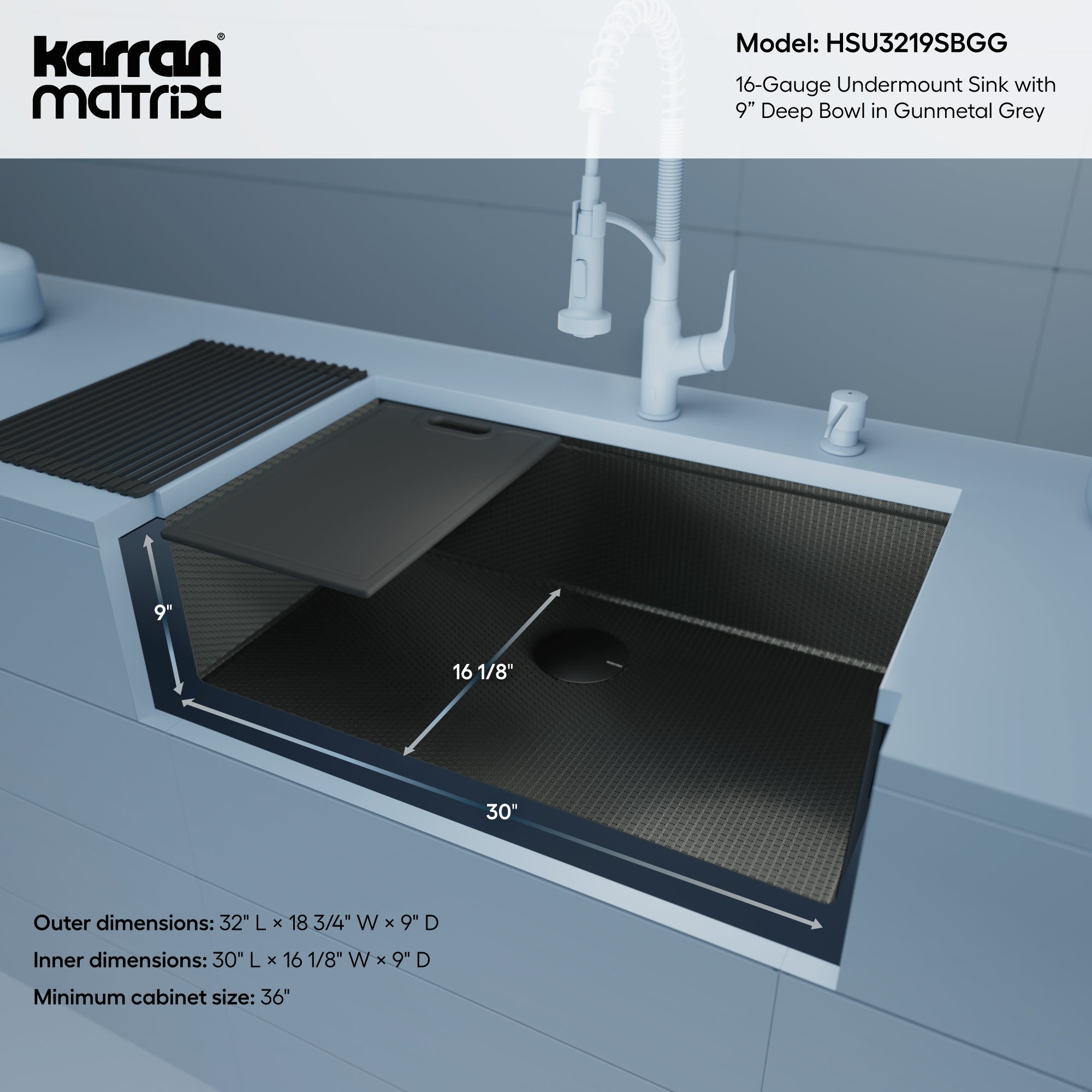 Karran Matrix 32" Undermount Stainless Steel Workstation Kitchen Sink with Accessories, Gunmetal Grey, 16 Gauge, HSU3219SBGG