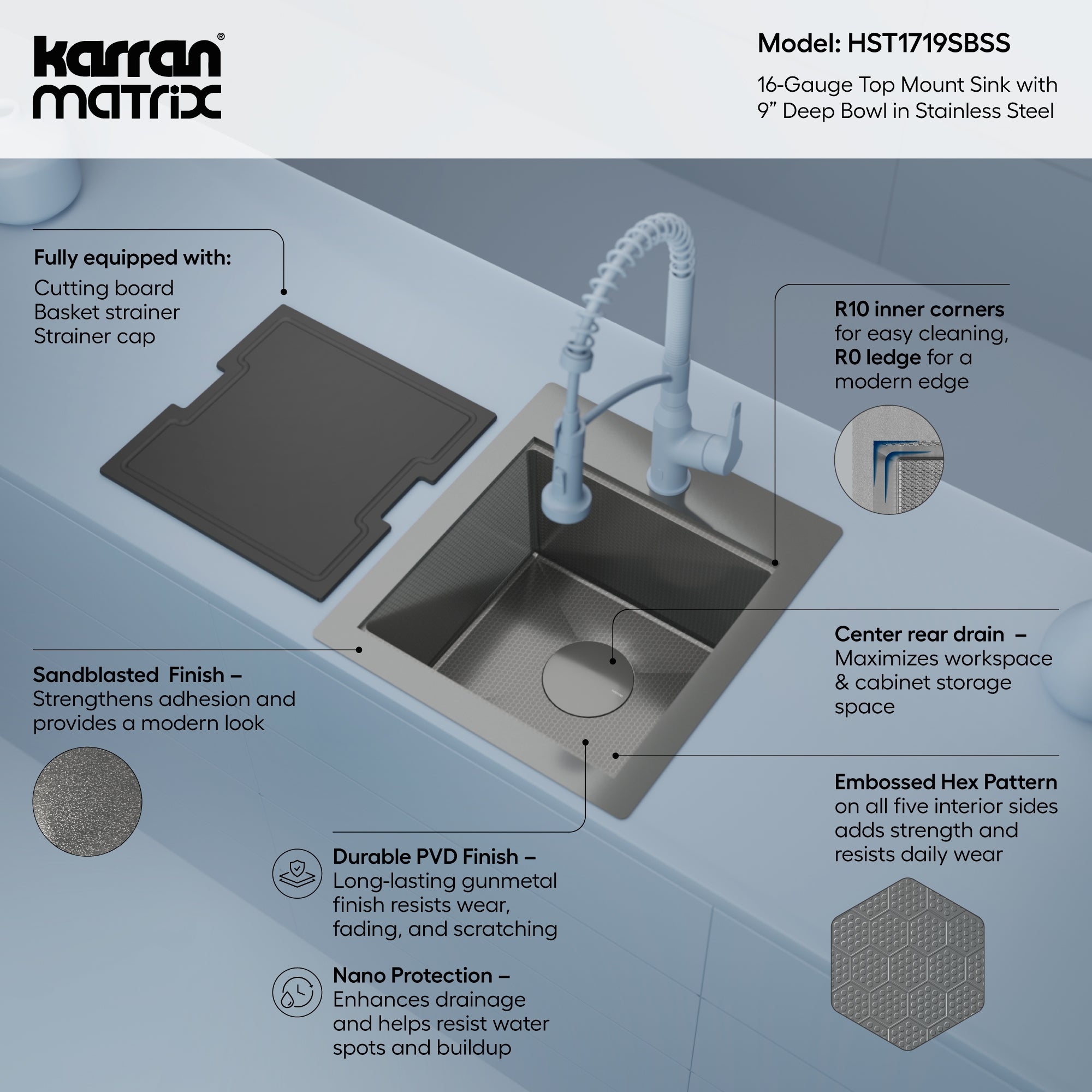 Karran Matrix 17" Drop In/Topmount Stainless Steel Workstation Kitchen Sink with Accessories, 16 Gauge, HST1719SBSS