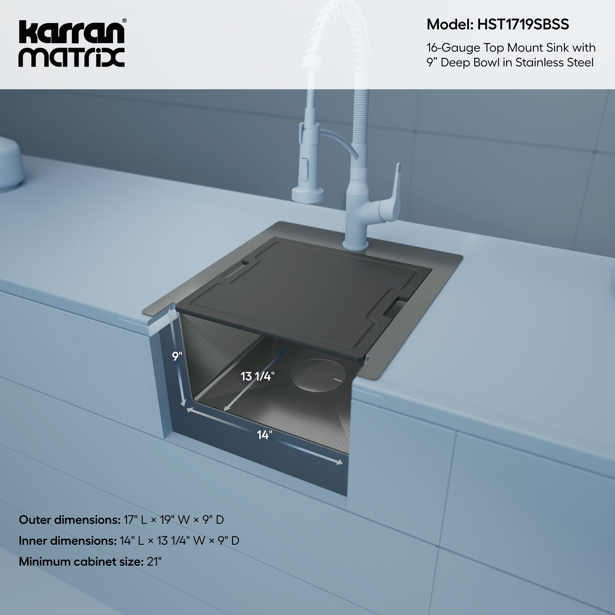 Karran Matrix 17" Drop In/Topmount Stainless Steel Workstation Kitchen Sink with Accessories, 16 Gauge, HST1719SBSS